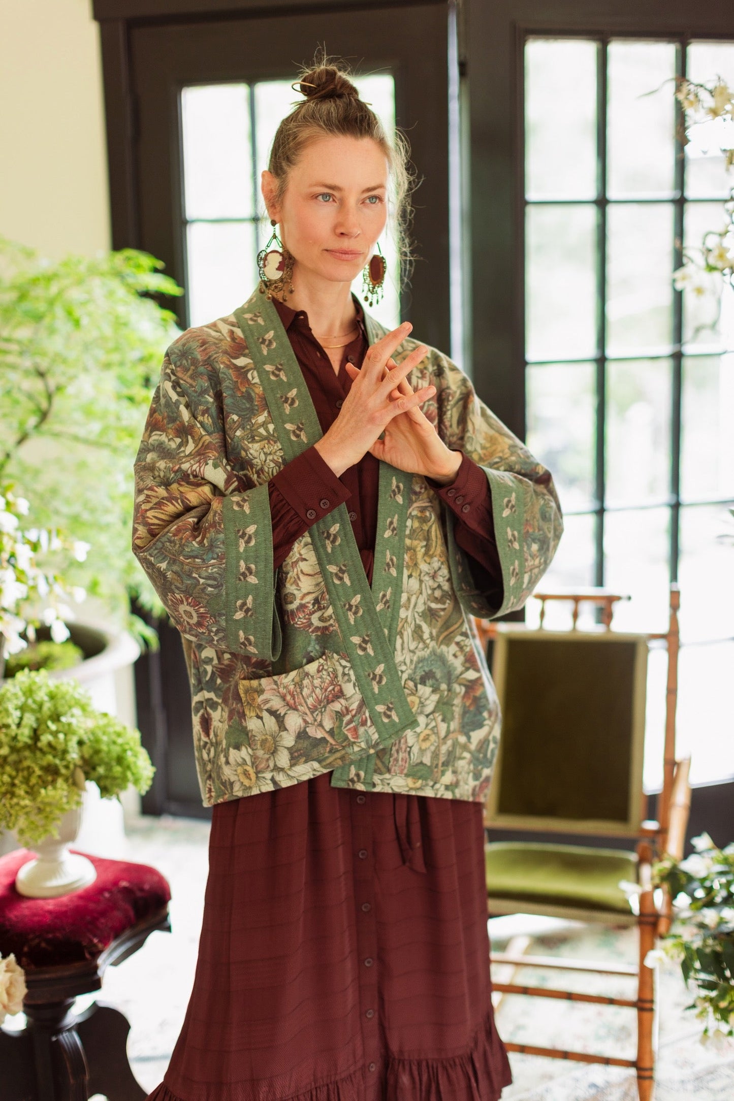 Love Grows Wild Cottage Cardigan featuring 1700s floral etchings and bumblebee trim – cozy fleece-lined cardigan perfect for cooler days – Market of Stars.