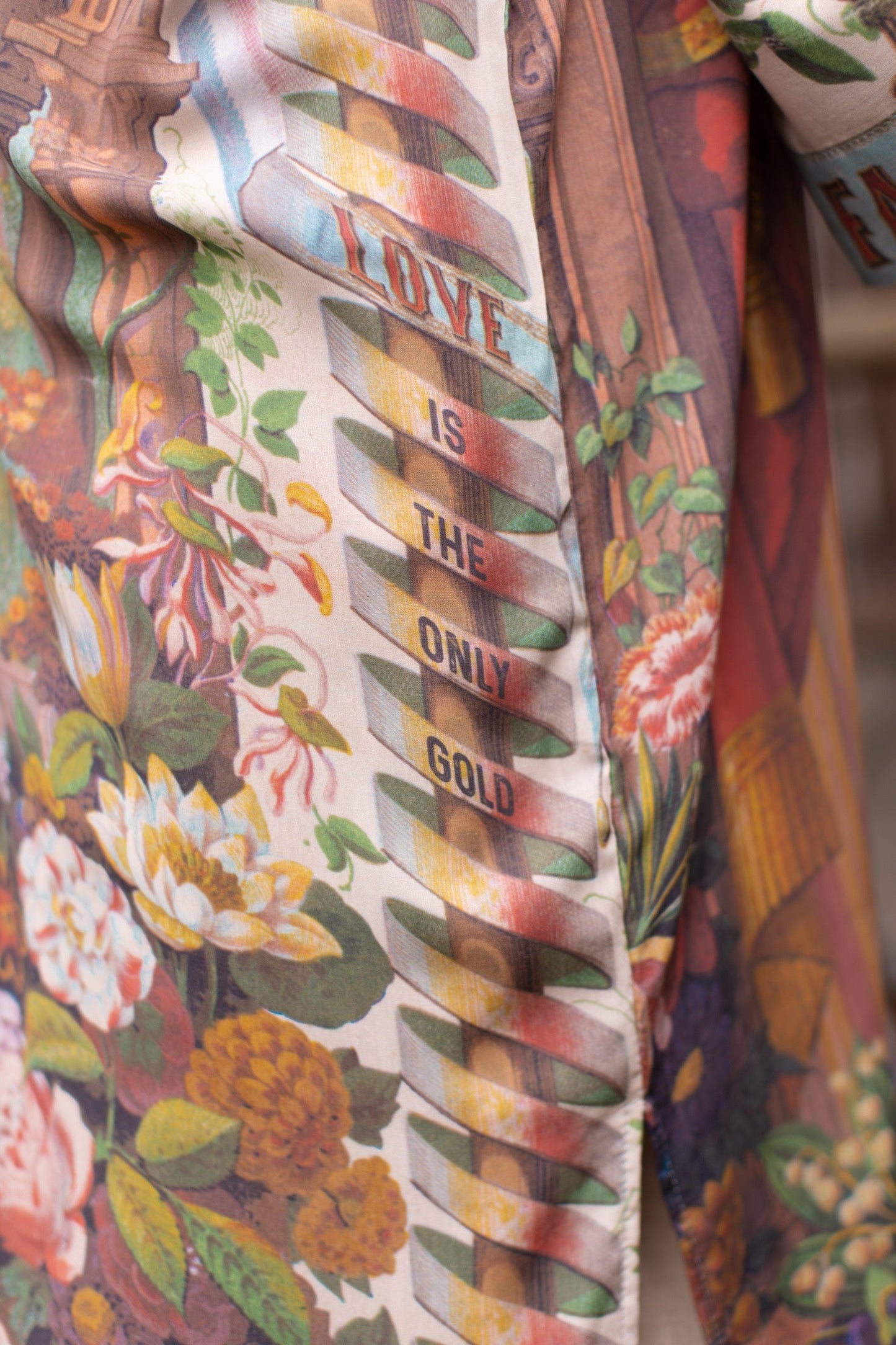 Model wearing romantic full-length kimono featuring joyful 1854 floral art, heart-in-hand symbol, and handwritten messages of love – Market of Stars