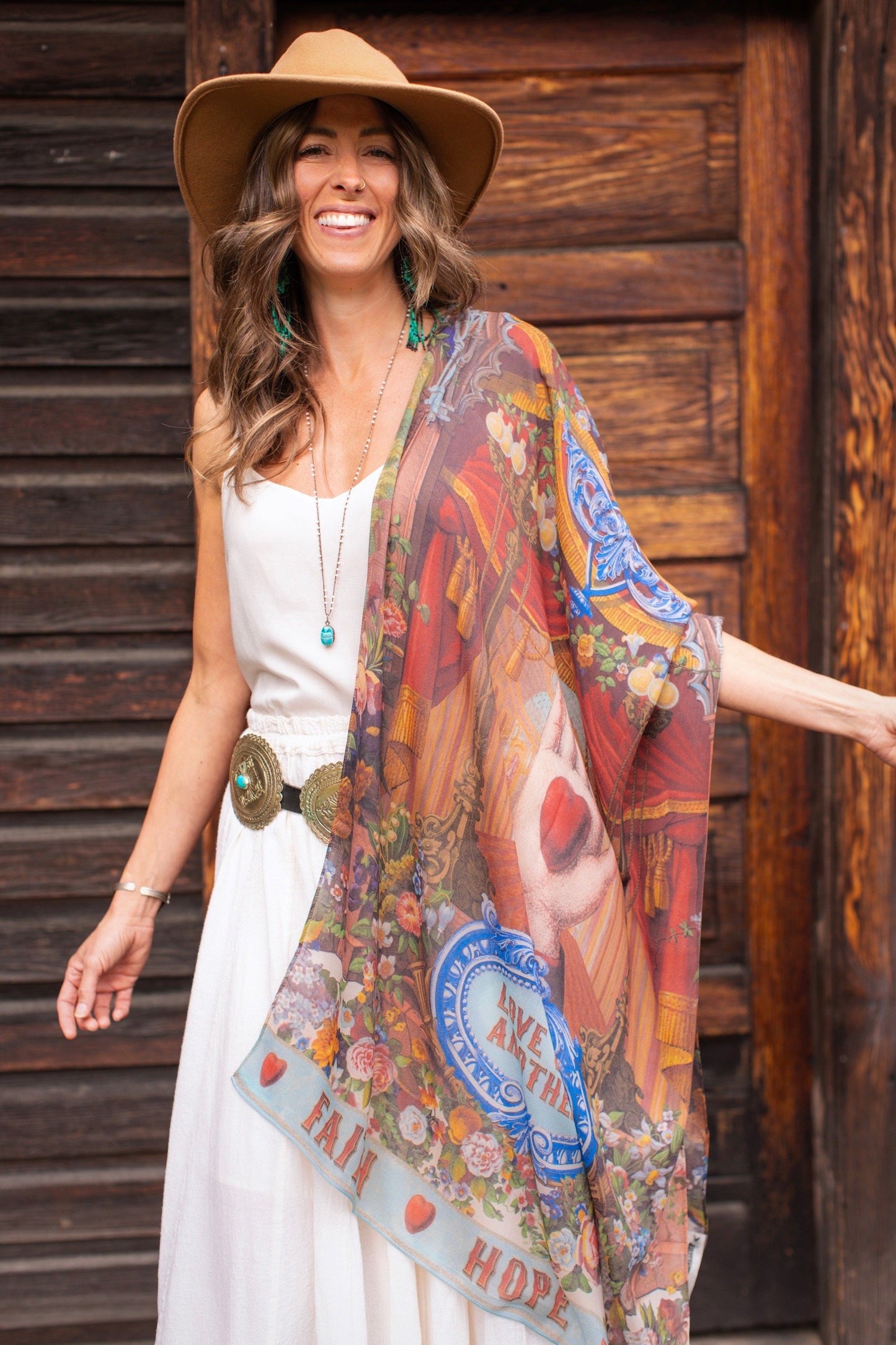 Scarf featuring joyful 1854 hand-drawn florals, heart-in-hand symbol, and vintage messages of hope and love – Market of Stars