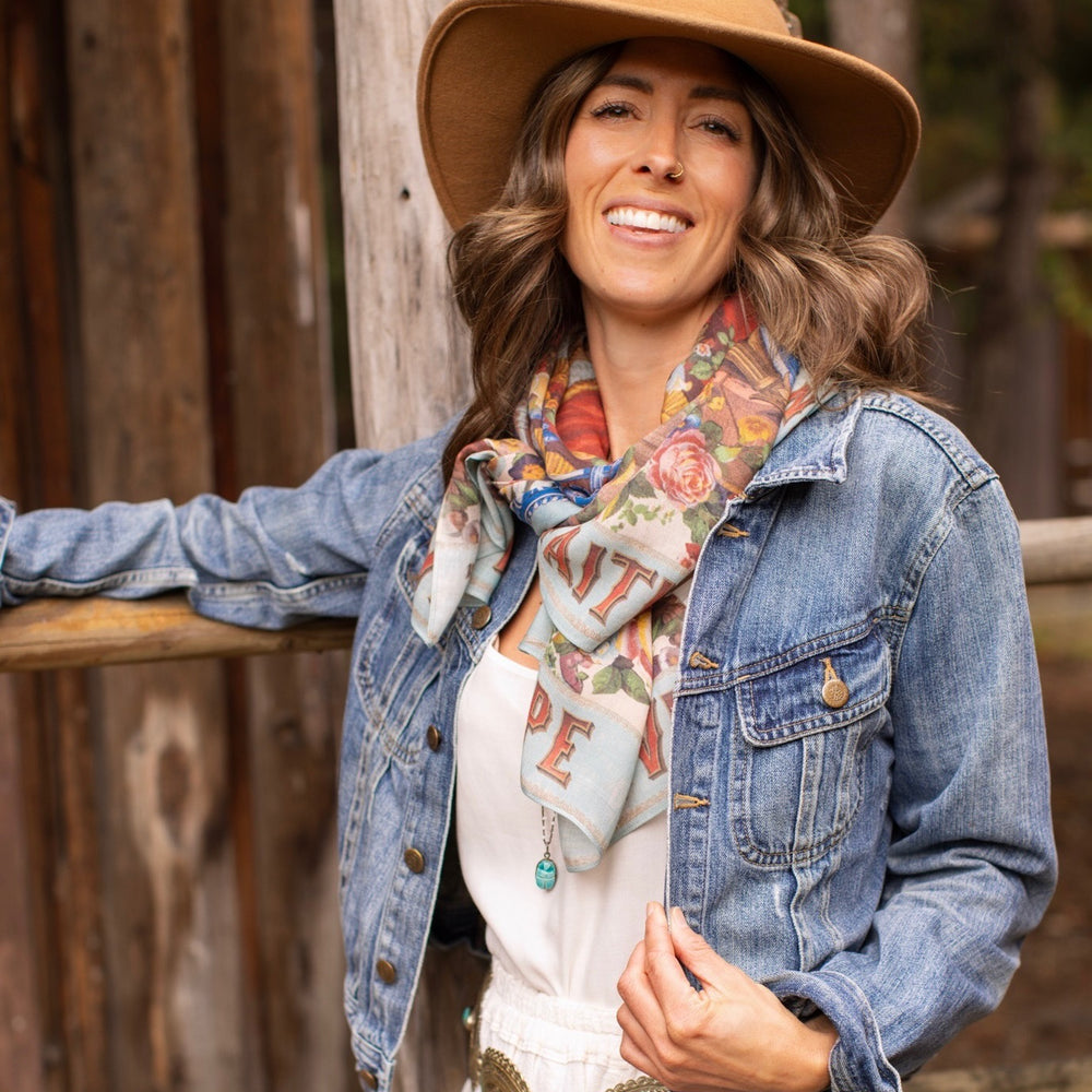Scarf featuring joyful 1854 hand-drawn florals, heart-in-hand symbol, and vintage messages of hope and love – Market of Stars