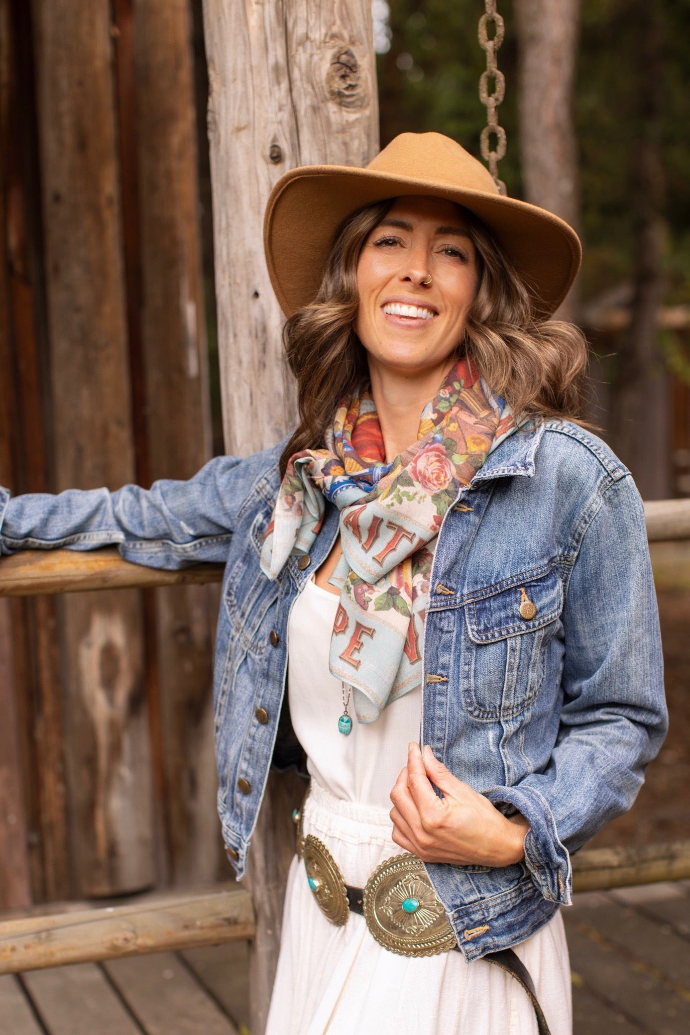 Scarf featuring joyful 1854 hand-drawn florals, heart-in-hand symbol, and vintage messages of hope and love – Market of Stars