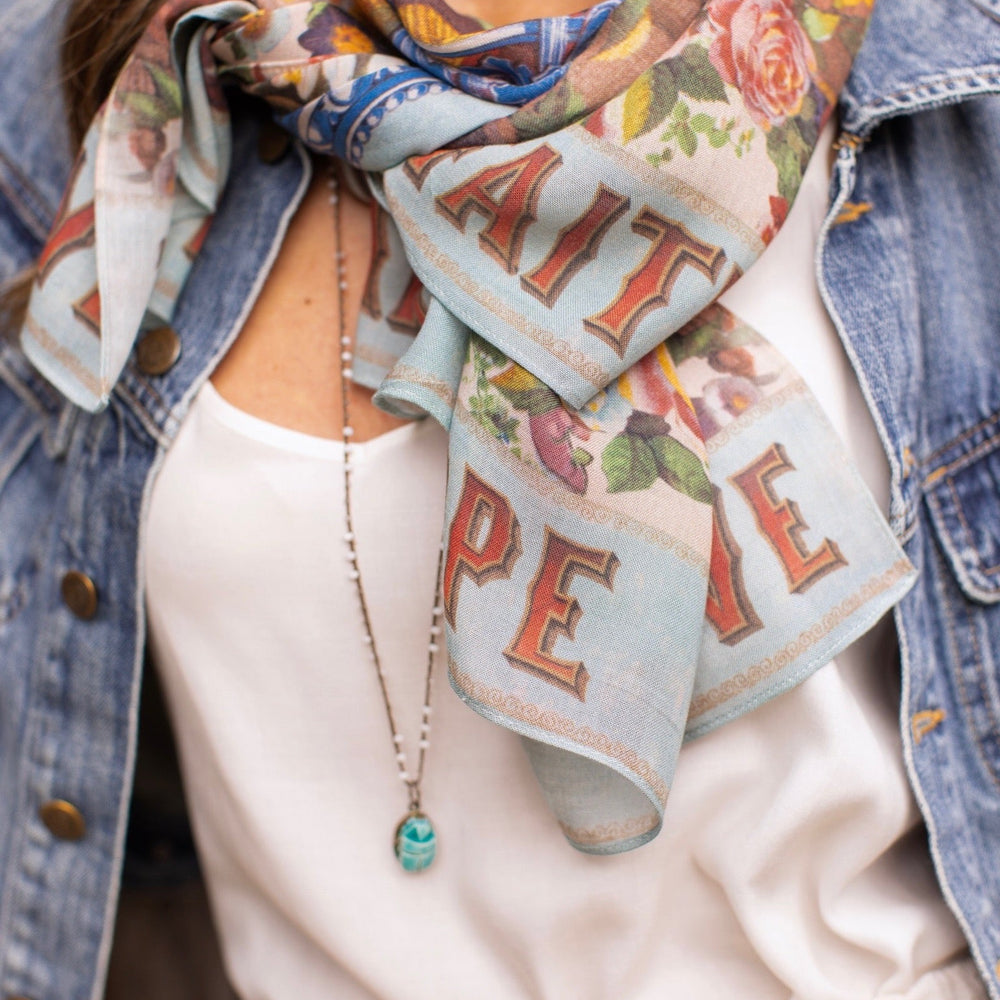 
                  
                    Scarf featuring joyful 1854 hand-drawn florals, heart-in-hand symbol, and vintage messages of hope and love – Market of Stars
                  
                