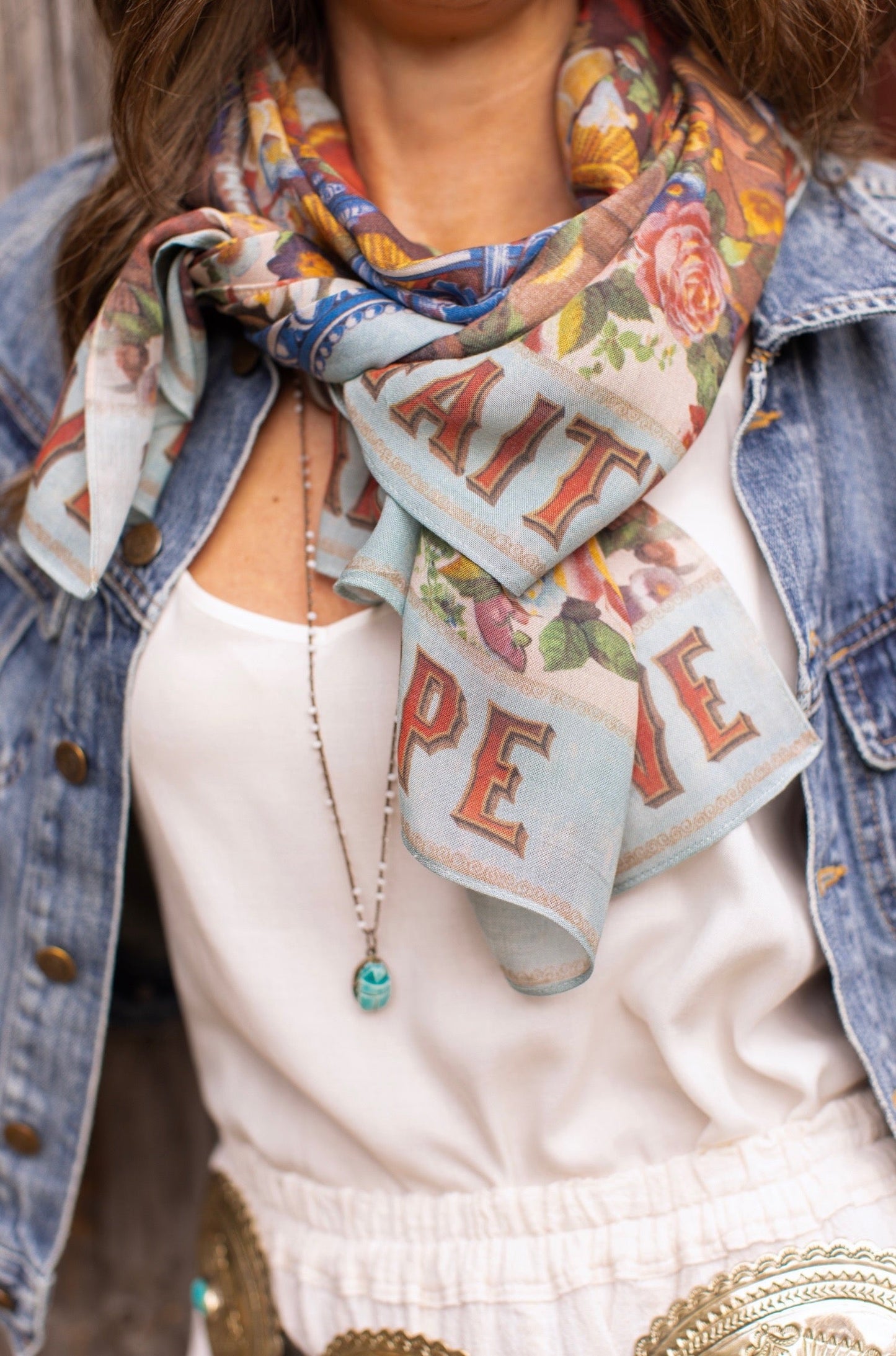 Scarf featuring joyful 1854 hand-drawn florals, heart-in-hand symbol, and vintage messages of hope and love – Market of Stars