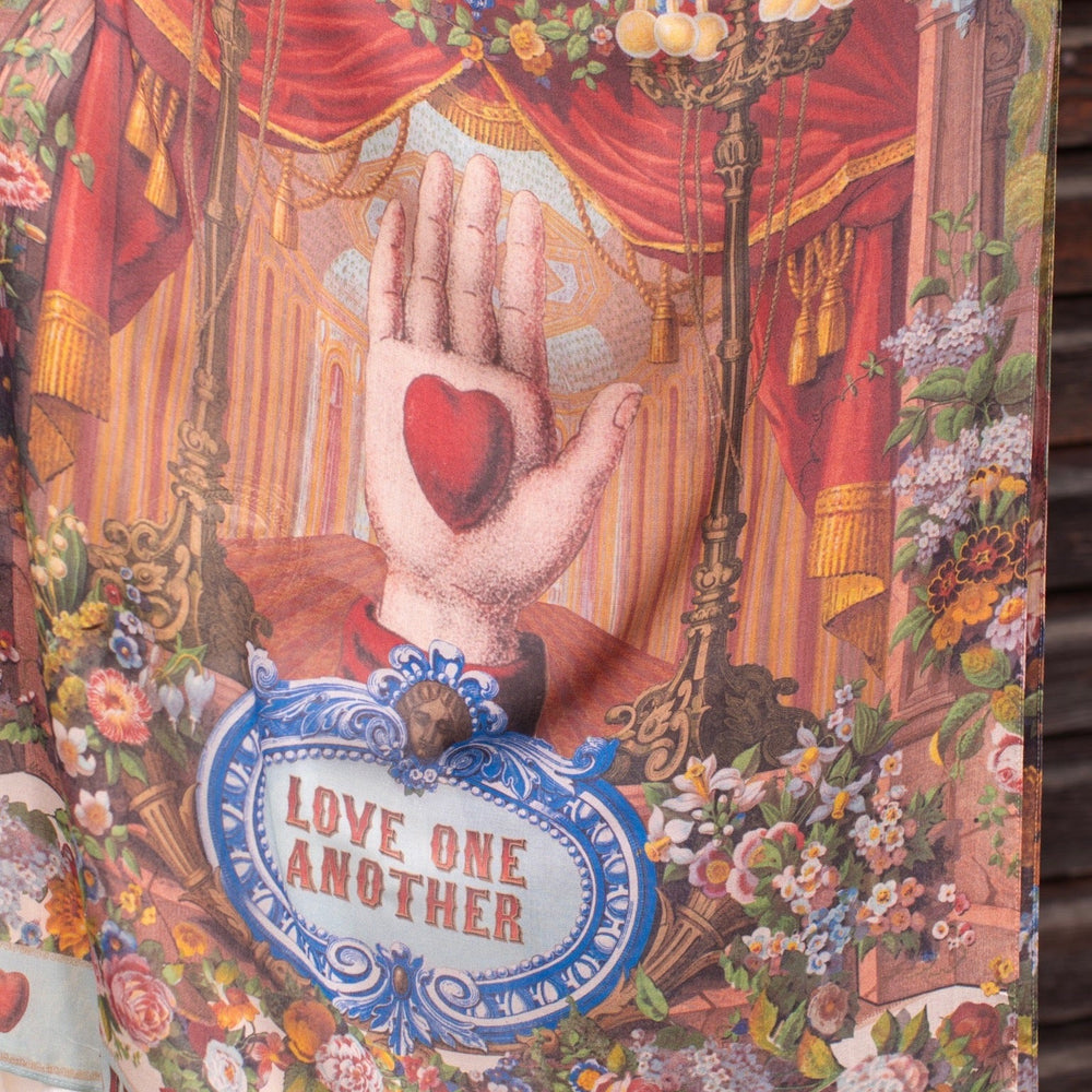 
                  
                    Scarf featuring joyful 1854 hand-drawn florals, heart-in-hand symbol, and vintage messages of hope and love – Market of Stars
                  
                