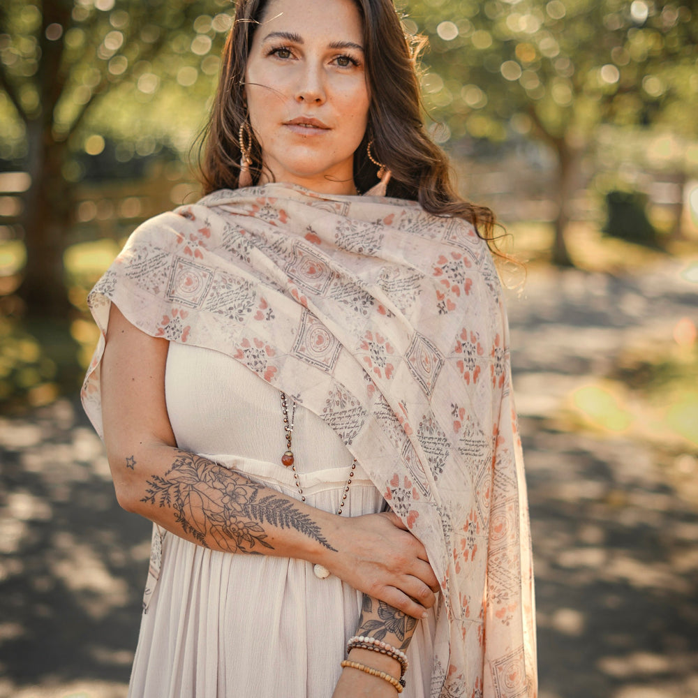 Scarf featuring a patchwork design inspired by a 200-year-old handwritten puzzle purse love letter with romantic poetry and vintage charm – Market of Stars