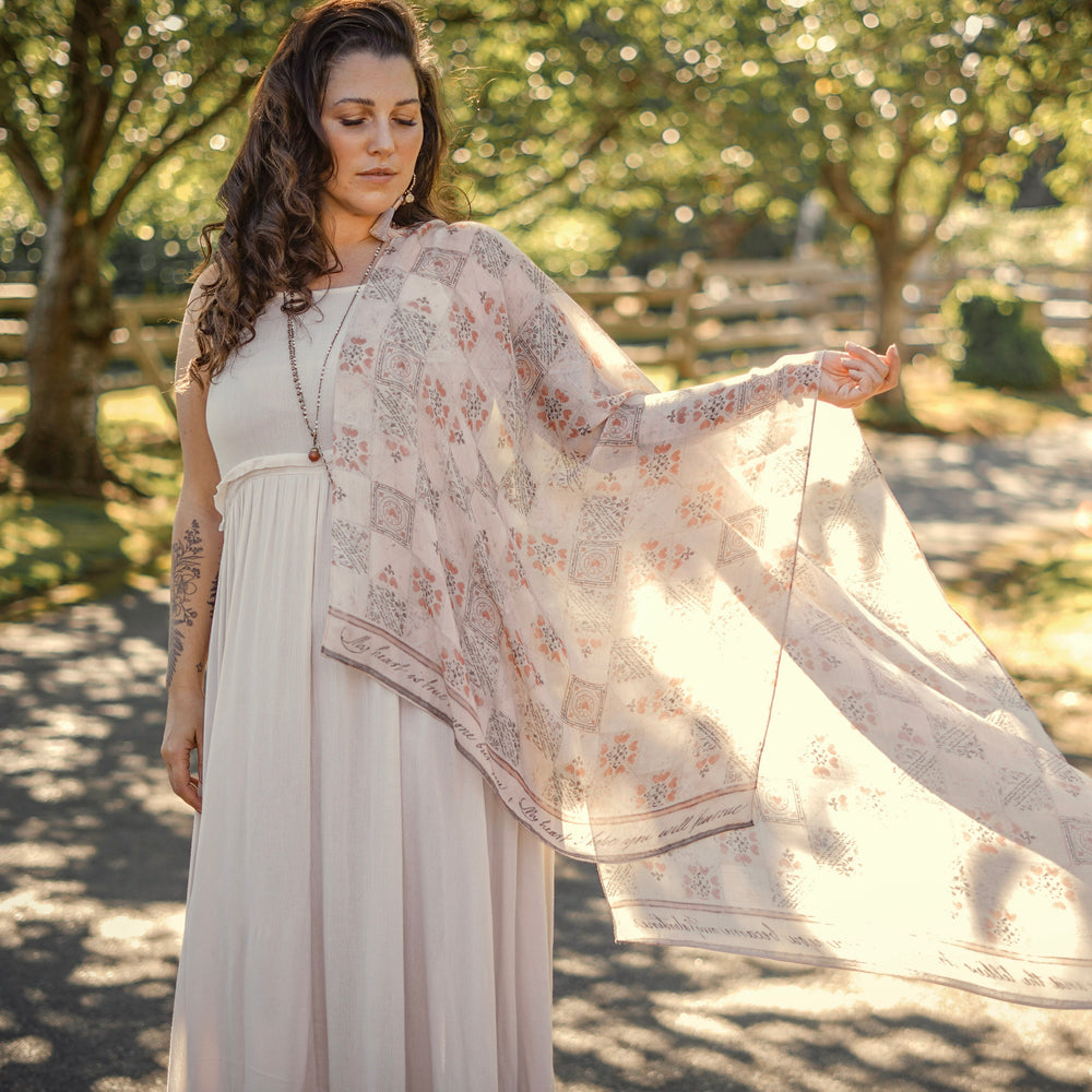 
                  
                    Scarf featuring a patchwork design inspired by a 200-year-old handwritten puzzle purse love letter with romantic poetry and vintage charm – Market of Stars
                  
                