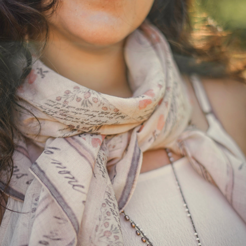
                  
                    Scarf featuring a patchwork design inspired by a 200-year-old handwritten puzzle purse love letter with romantic poetry and vintage charm – Market of Stars
                  
                