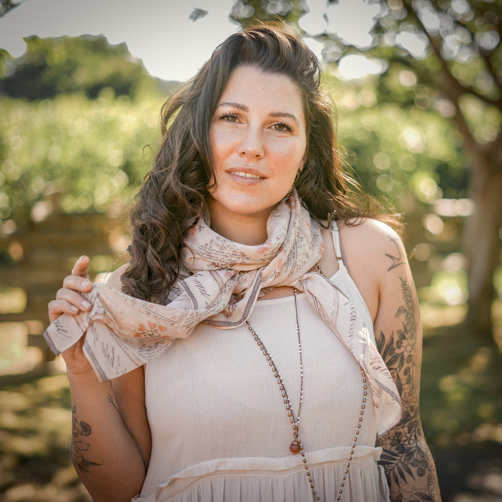 
                  
                    Scarf featuring a patchwork design inspired by a 200-year-old handwritten puzzle purse love letter with romantic poetry and vintage charm – Market of Stars
                  
                