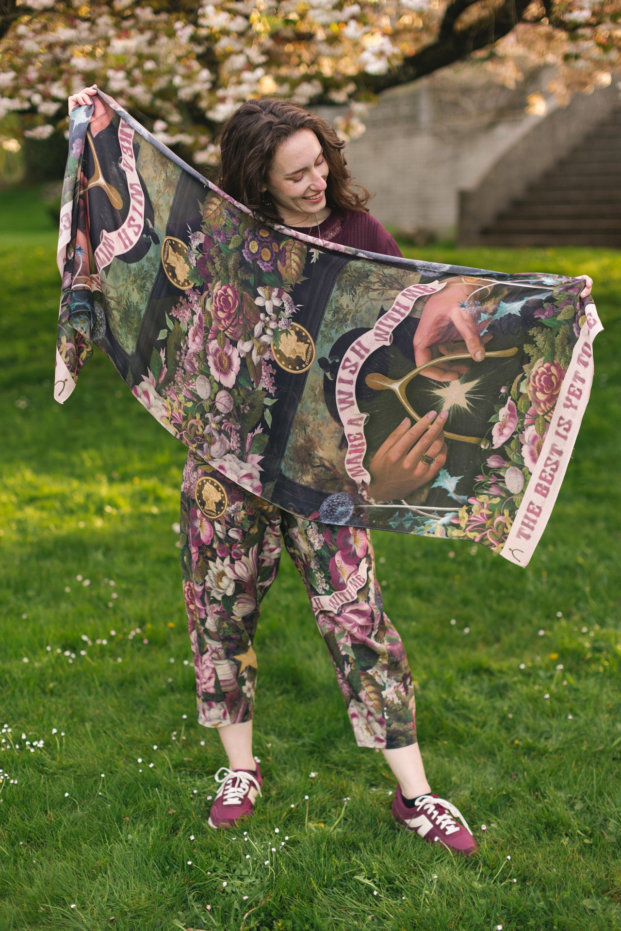 Scarf featuring gold wishbone–vintage coin–evening star–and dandelion artwork with lilacs and “Make a wish” banner – Market of Stars