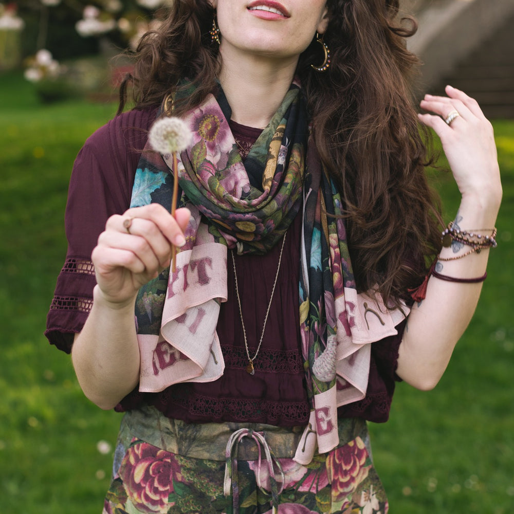 Scarf featuring gold wishbone–vintage coin–evening star–and dandelion artwork with lilacs and “Make a wish” banner – Market of Stars