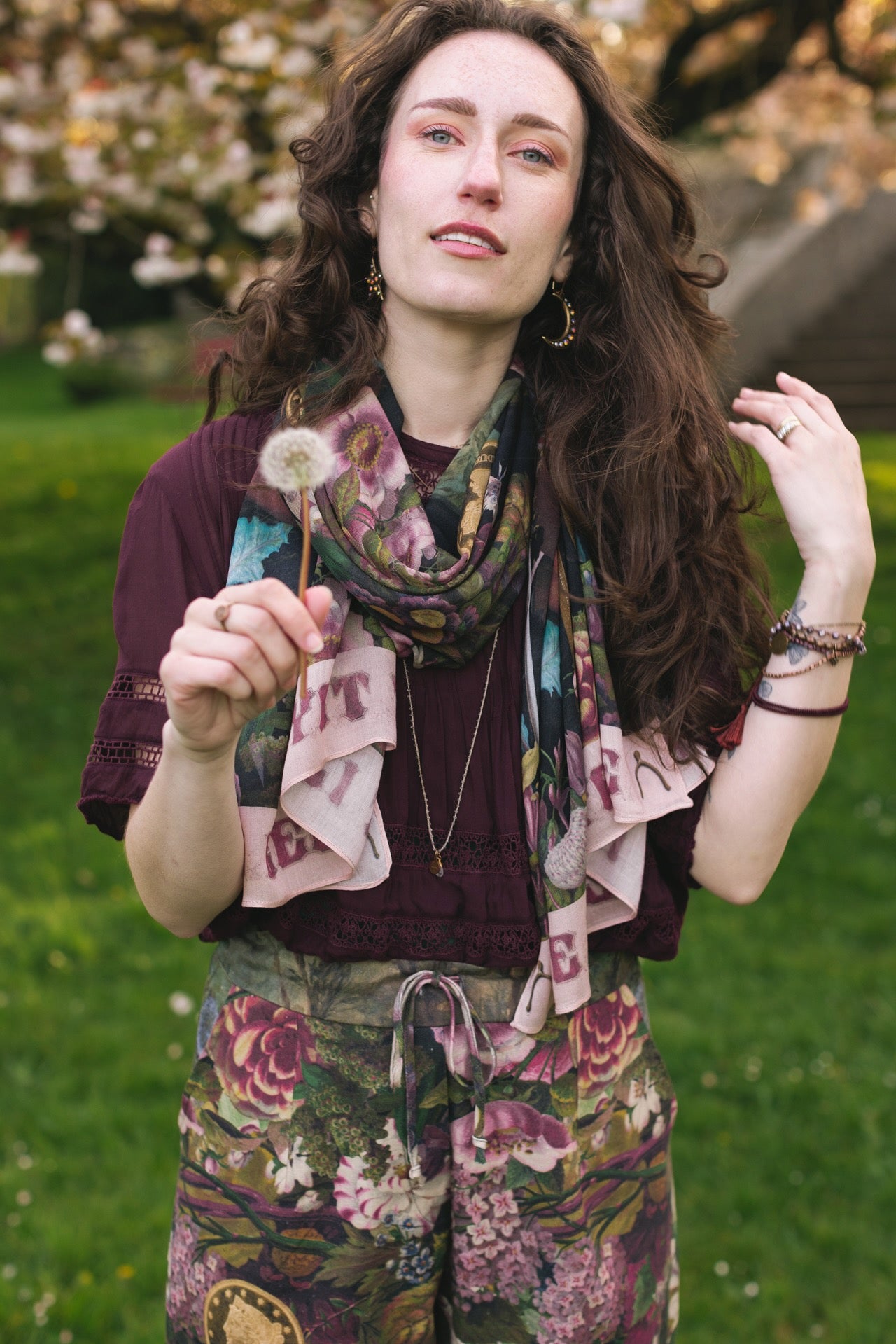 Scarf featuring gold wishbone–vintage coin–evening star–and dandelion artwork with lilacs and “Make a wish” banner – Market of Stars