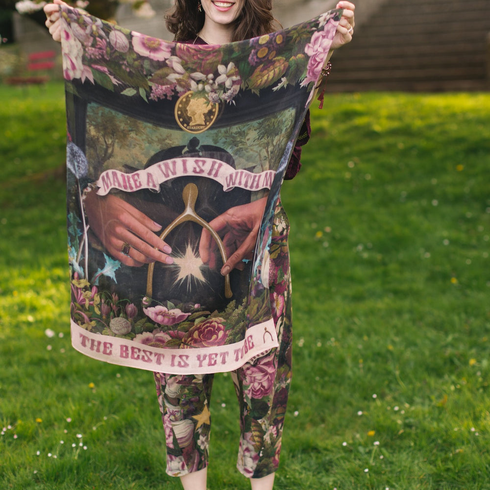 
                  
                    Scarf featuring gold wishbone–vintage coin–evening star–and dandelion artwork with lilacs and “Make a wish” banner – Market of Stars
                  
                