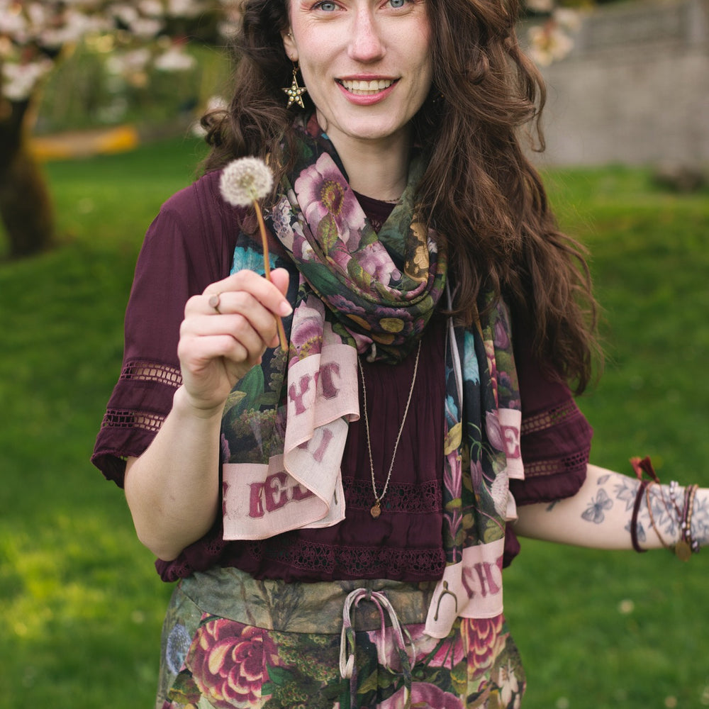 
                  
                    Scarf featuring gold wishbone–vintage coin–evening star–and dandelion artwork with lilacs and “Make a wish” banner – Market of Stars
                  
                