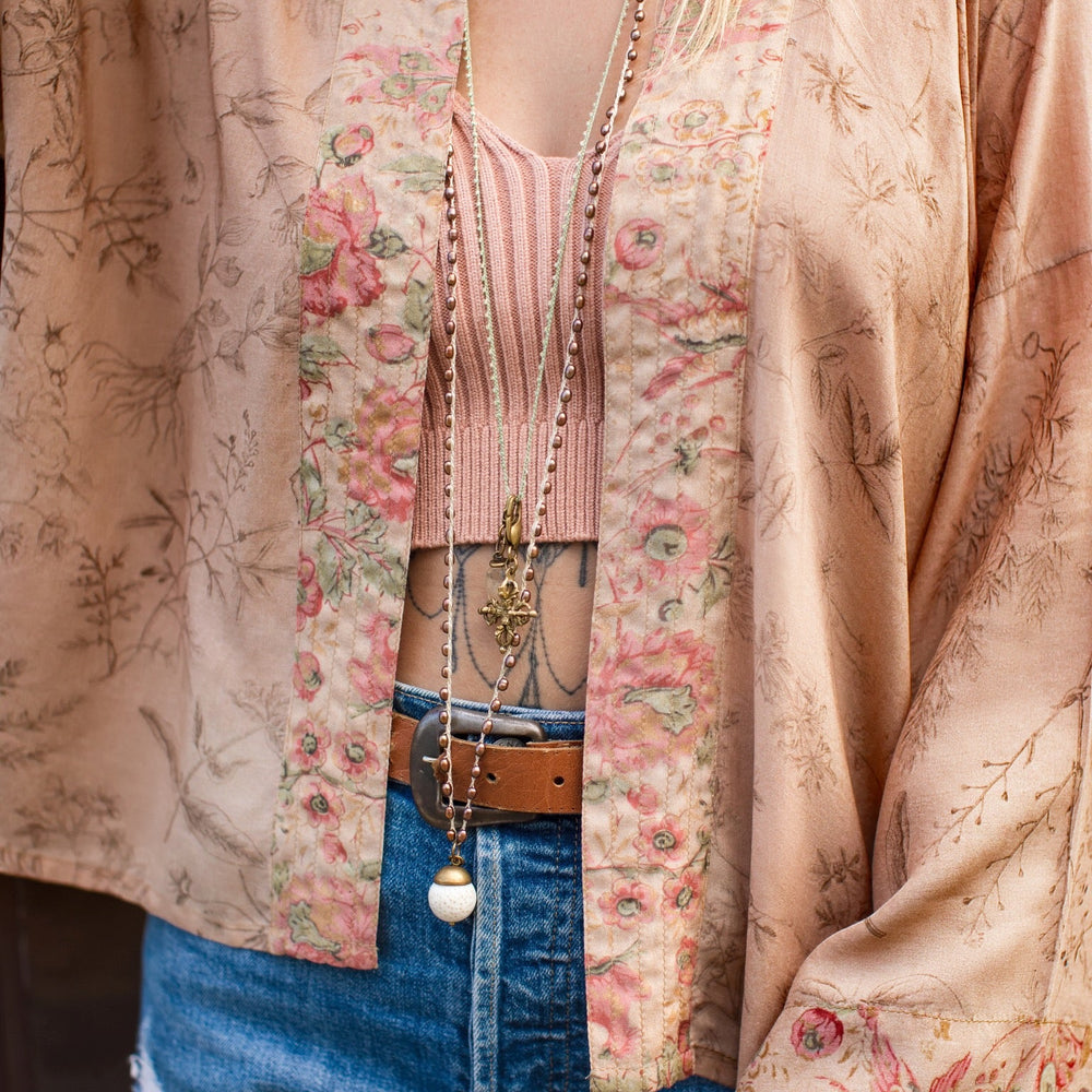 
                  
                    Model wearing map print kimono featuring a reimagined 1846 artwork titled A Map of the Open Country of a Woman’s Heart – Market of Stars
                  
                