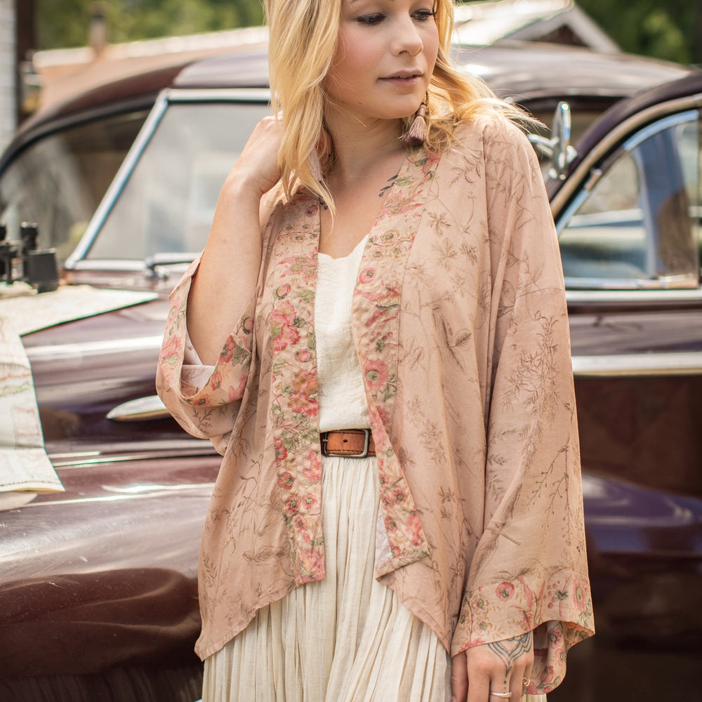 
                  
                    Model wearing map print kimono featuring a reimagined 1846 artwork titled A Map of the Open Country of a Woman’s Heart – Market of Stars
                  
                