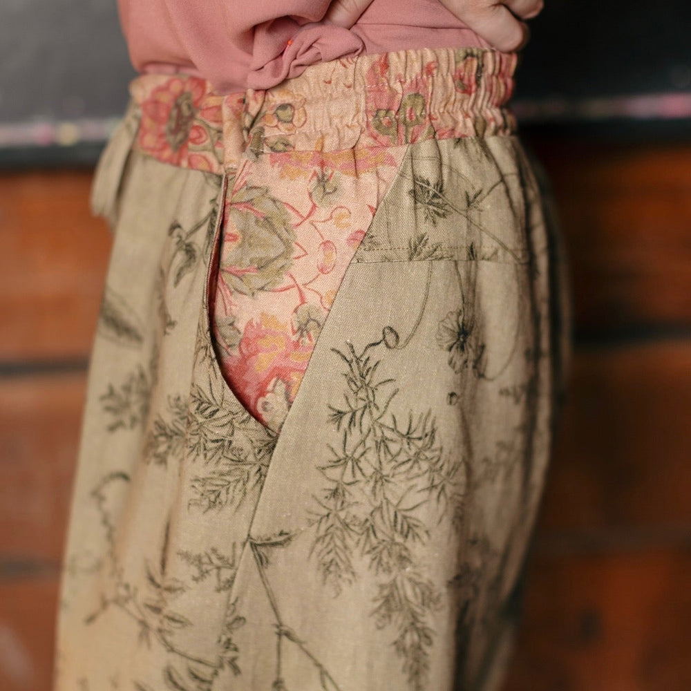 
                  
                    Model wearing artist pants in sage featuring reimagined vintage 1846 map of a woman’s heart with playful updated place names – Market of Stars
                  
                