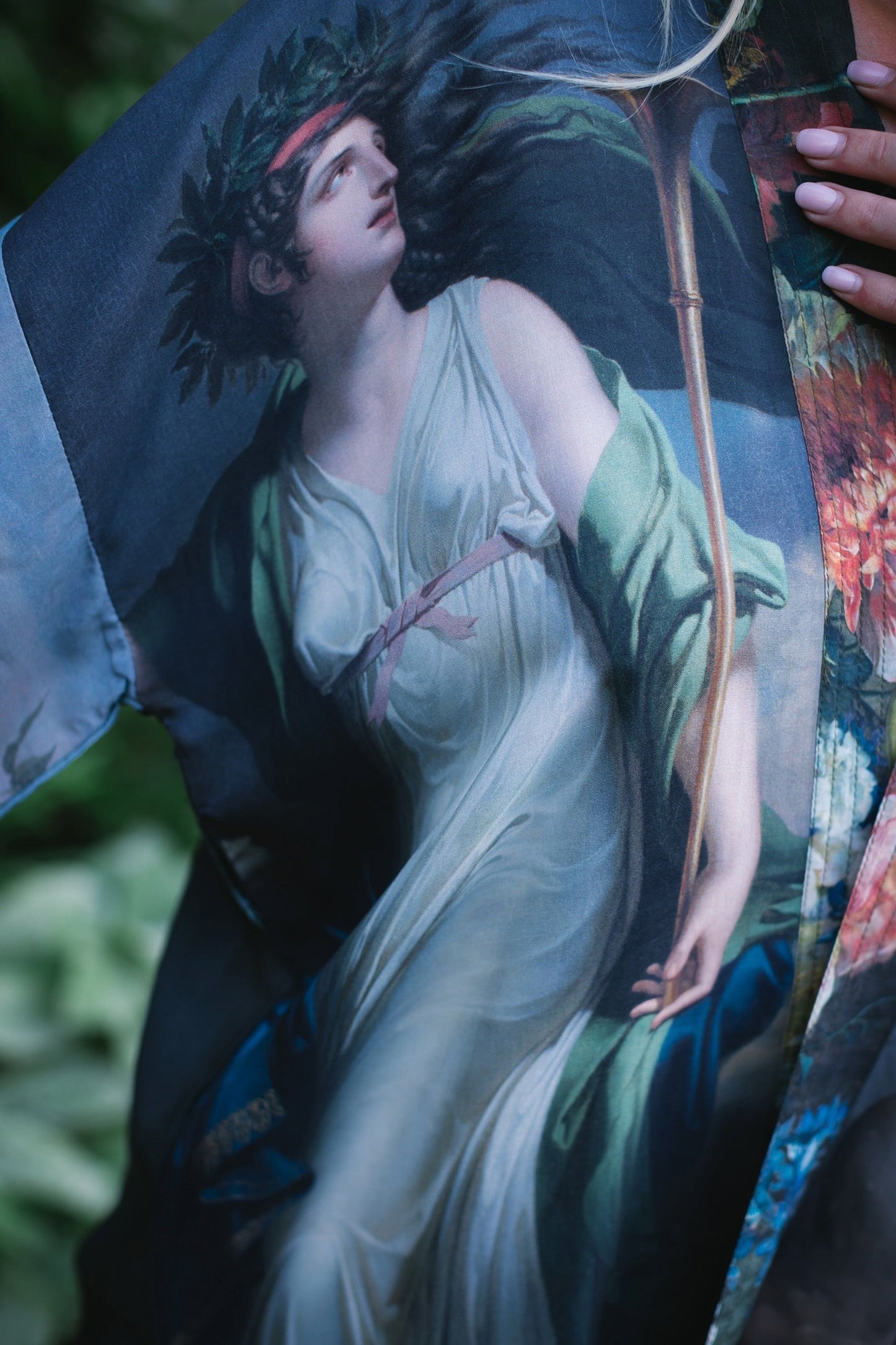 Model wearing Peace, Wine & Sunshine Bohéme Slip Dress featuring botanical collages and playful peace, wine and sunshine lettering on the hem – Market of Stars.