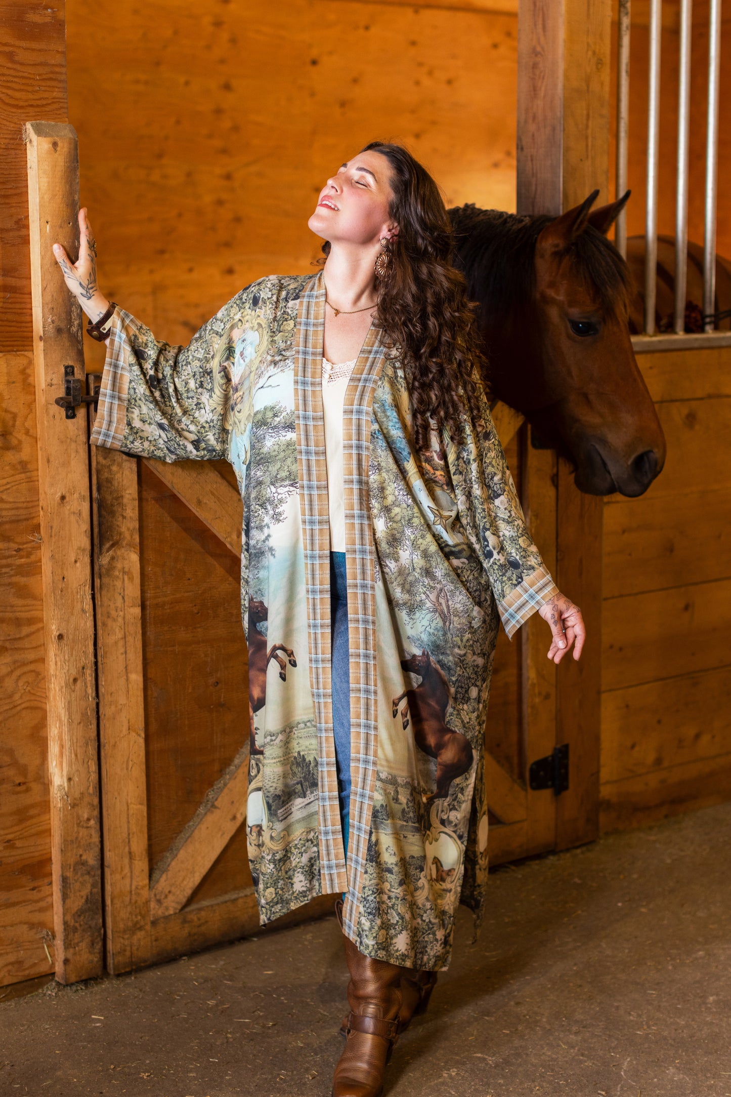 Model wearing a bamboo-viscose kimono duster robe made for everyday adventures with a whimsical print celebrating one's unbridled spirit of adventure - Market of Stars