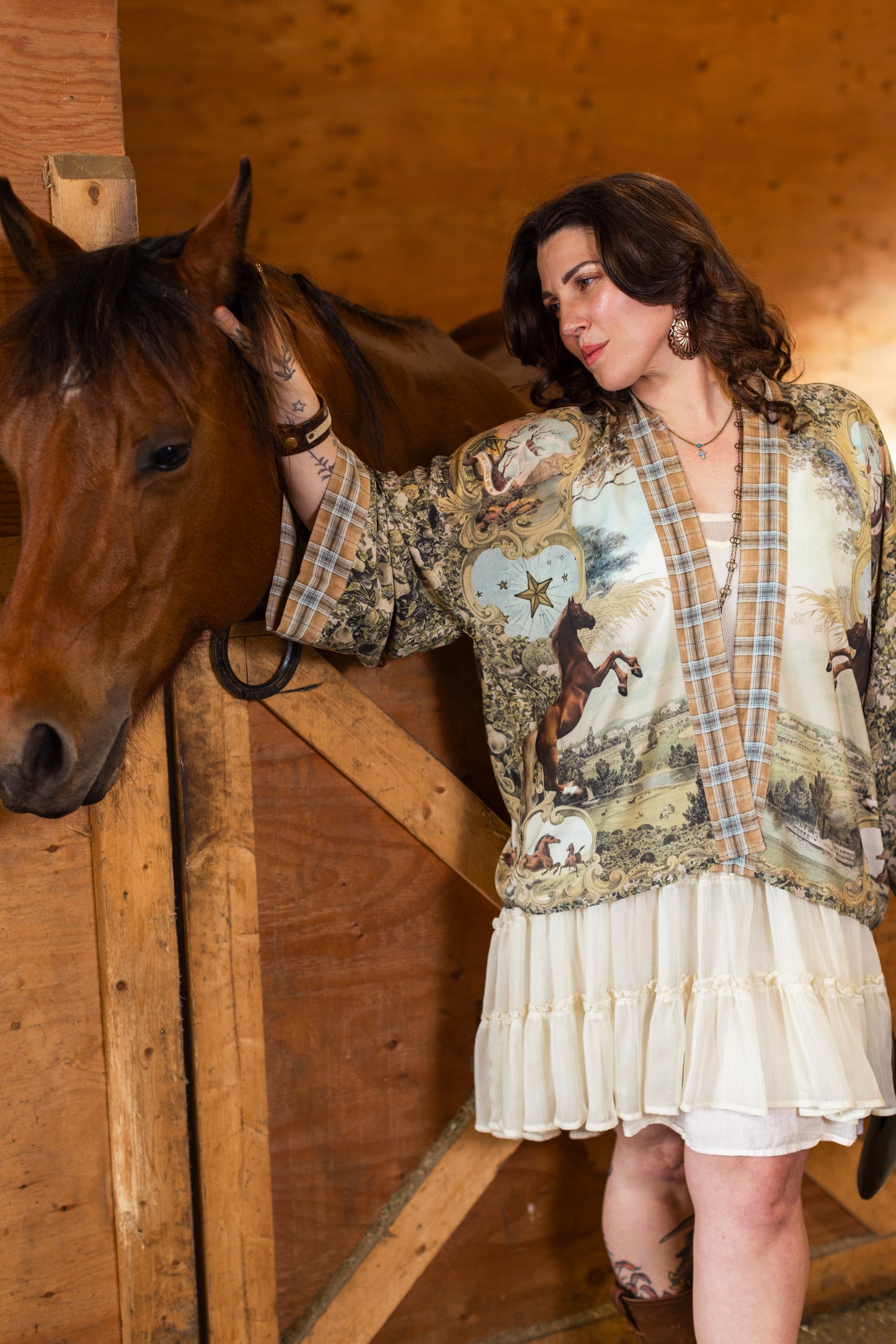 Model wearing a bamboo-viscose cropped kimono duster made for everyday adventures with a whimsical print celebrating one's unbridled spirit of adventure - Market of Stars