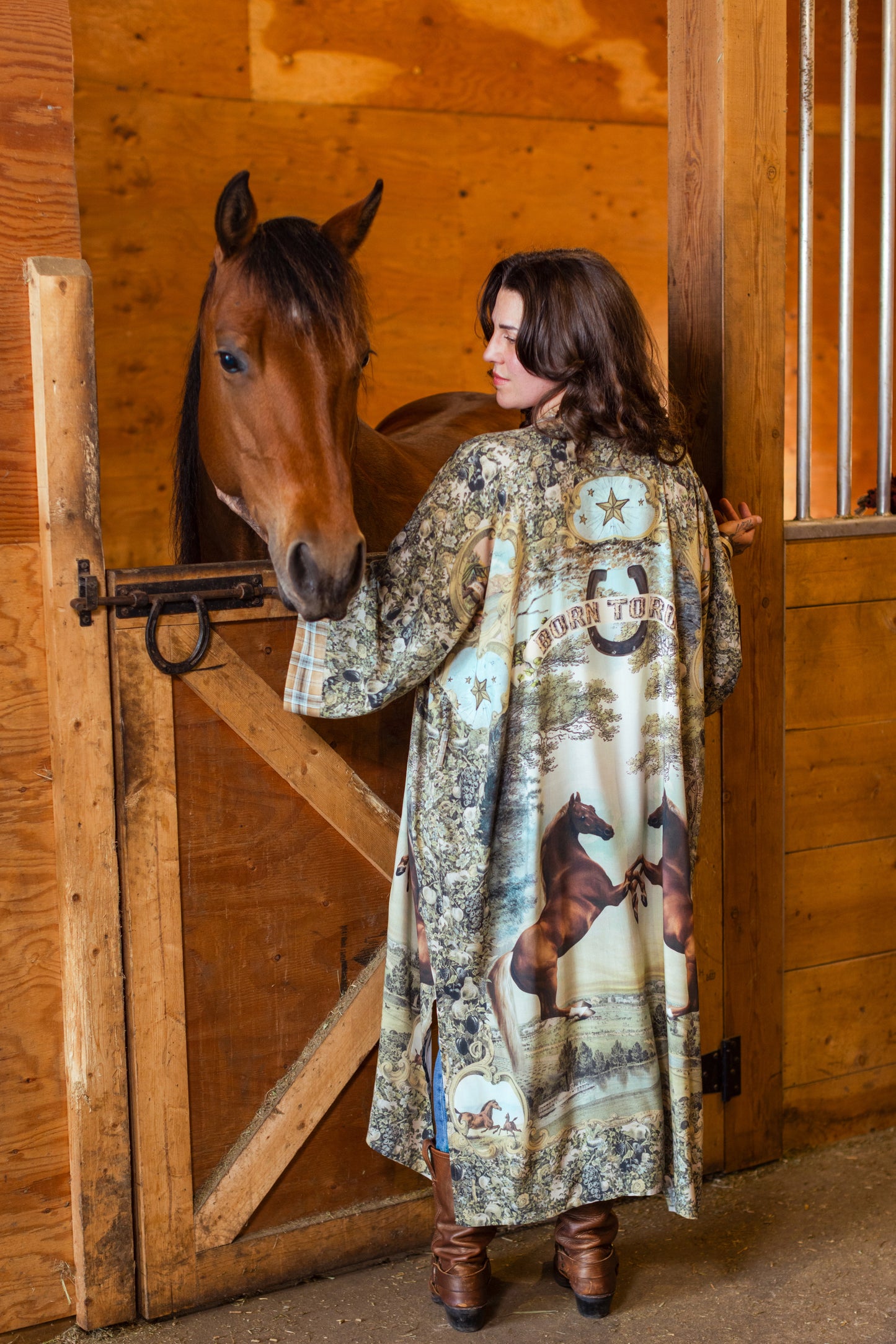 Model wearing a bamboo-viscose kimono duster robe made for everyday adventures with a whimsical print celebrating one's unbridled spirit of adventure - Market of Stars