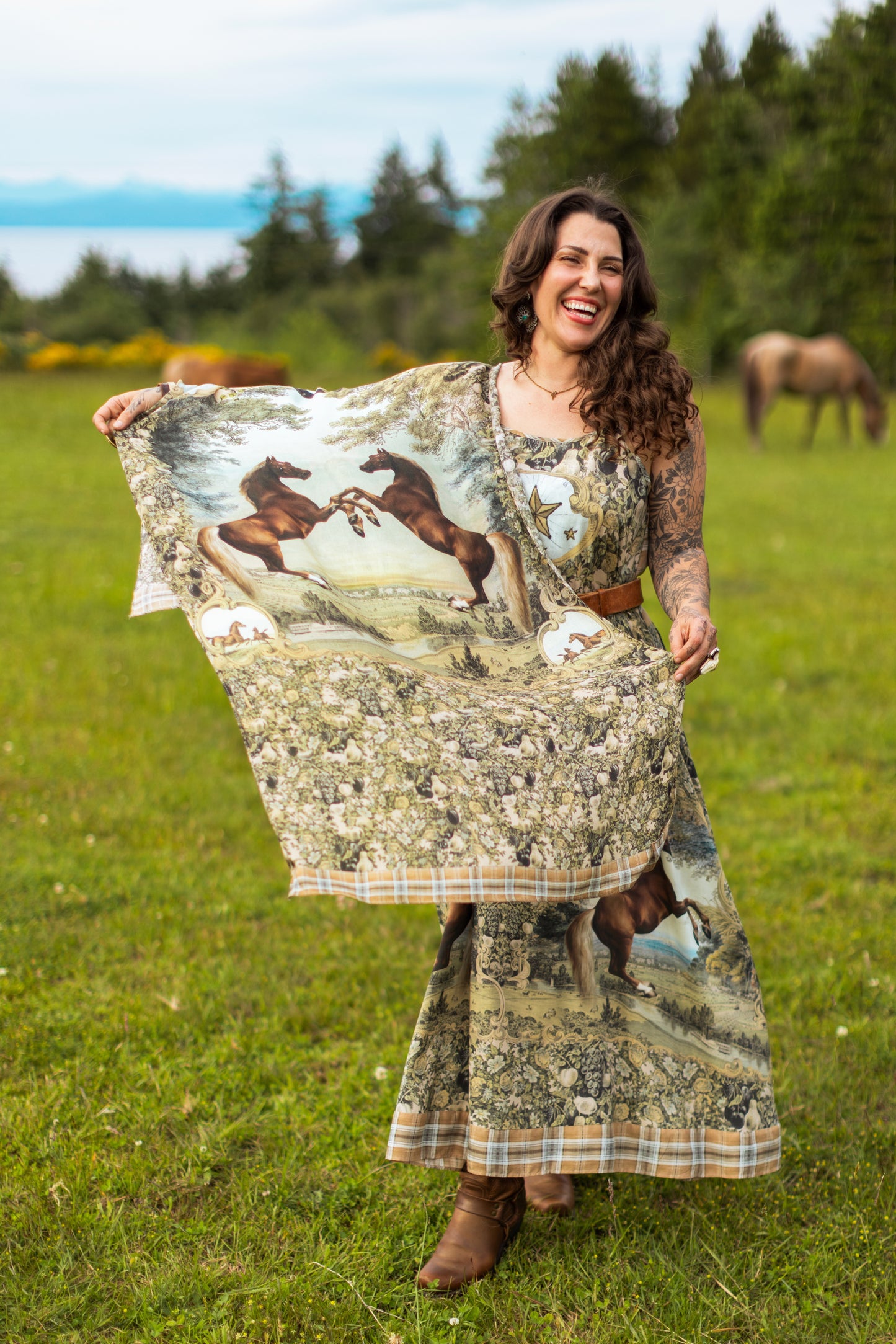 Model wearing a bamboo-viscose scarf made for everyday adventures with a whimsical print celebrating one's unbridled spirit of adventure - Market of Stars