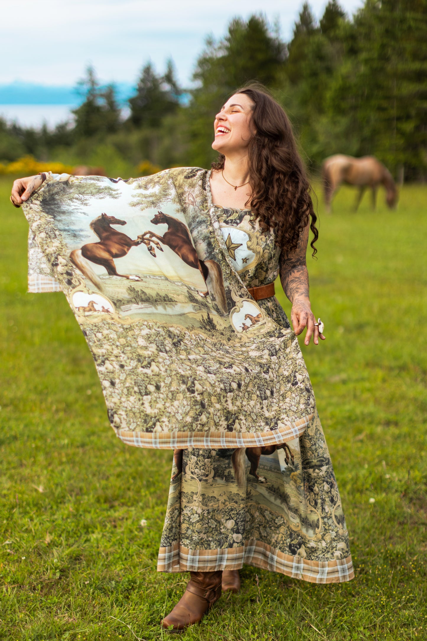 Model wearing a bamboo-viscose scarf made for everyday adventures with a whimsical print celebrating one's unbridled spirit of adventure - Market of Stars