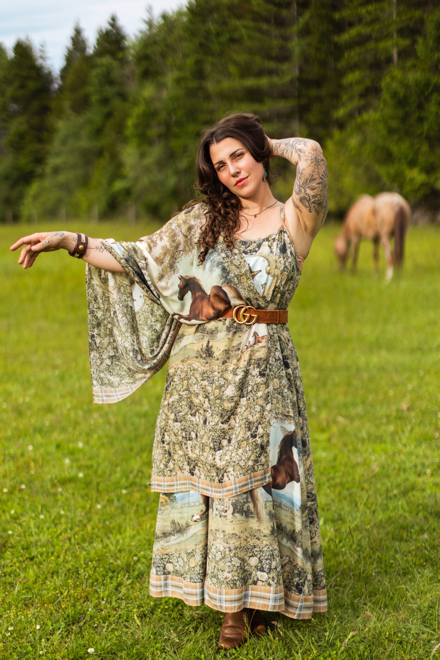 Model wearing a bamboo-viscose scarf made for everyday adventures with a whimsical print celebrating one's unbridled spirit of adventure - Market of Stars