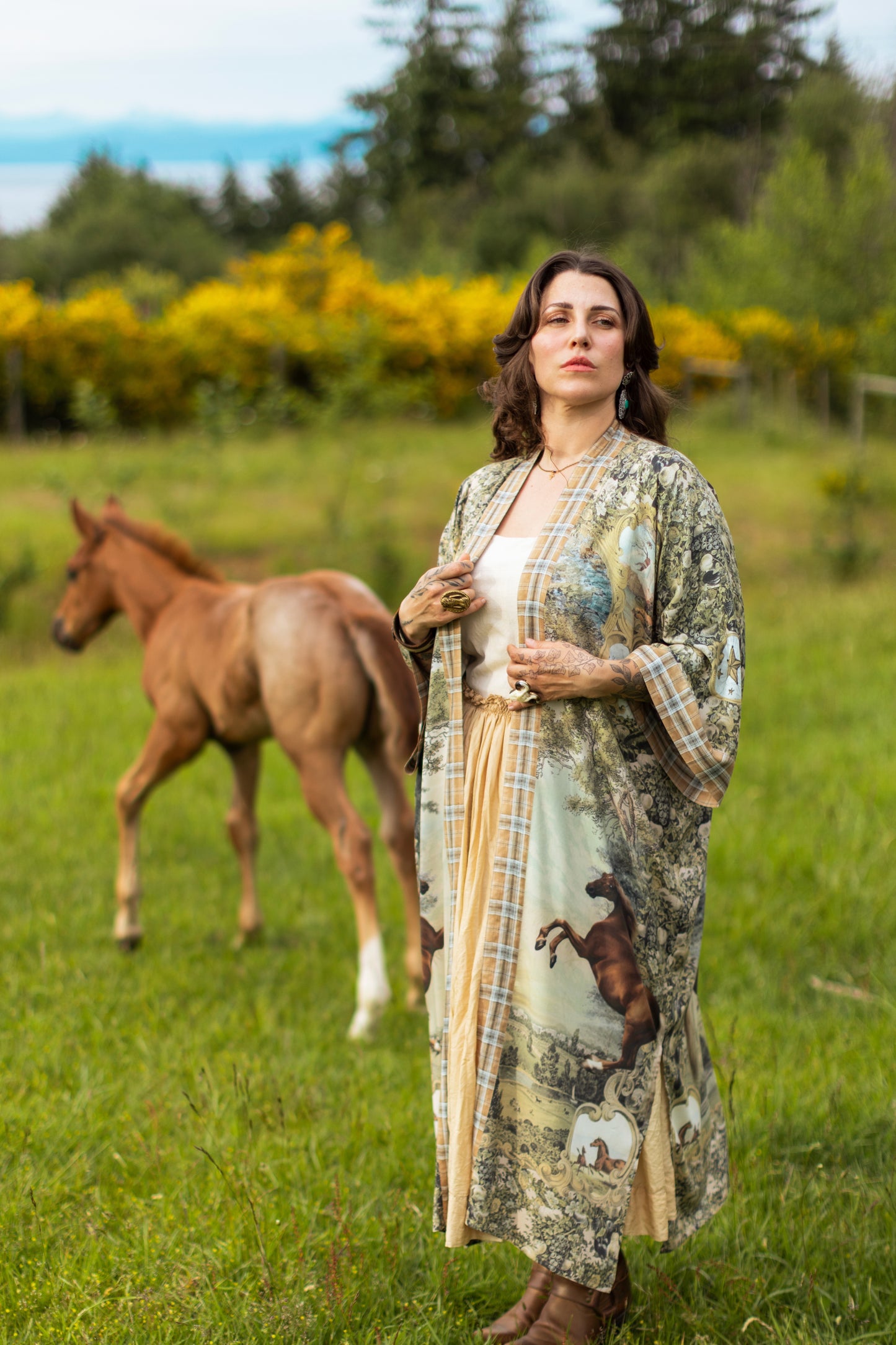 Model wearing a bamboo-viscose kimono duster robe made for everyday adventures with a whimsical print celebrating one's unbridled spirit of adventure - Market of Stars