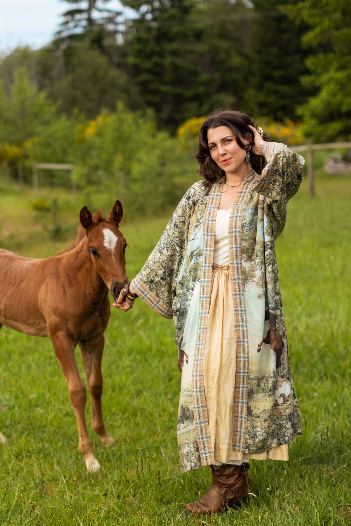 Model wearing a bamboo-viscose kimono duster robe made for everyday adventures with a whimsical print celebrating one's unbridled spirit of adventure - Market of Stars