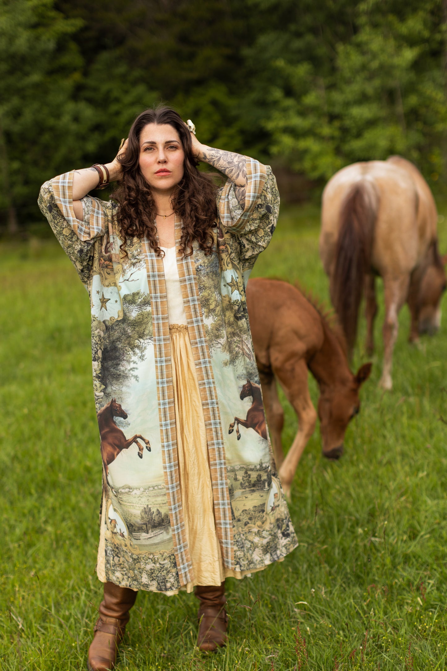 Model wearing a bamboo-viscose kimono duster robe made for everyday adventures with a whimsical print celebrating one's unbridled spirit of adventure - Market of Stars
