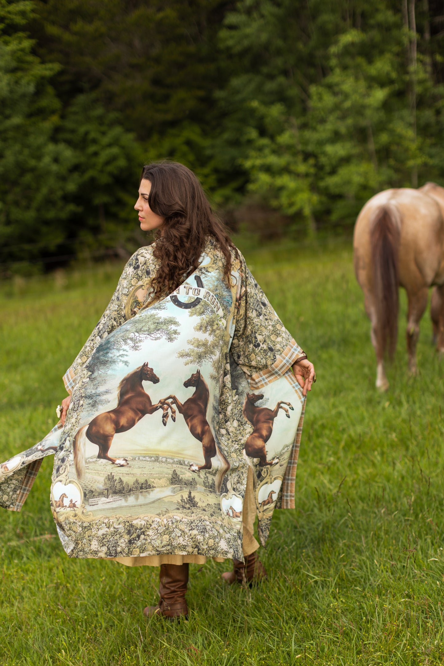 Model wearing a bamboo-viscose kimono duster robe made for everyday adventures with a whimsical print celebrating one's unbridled spirit of adventure - Market of Stars
