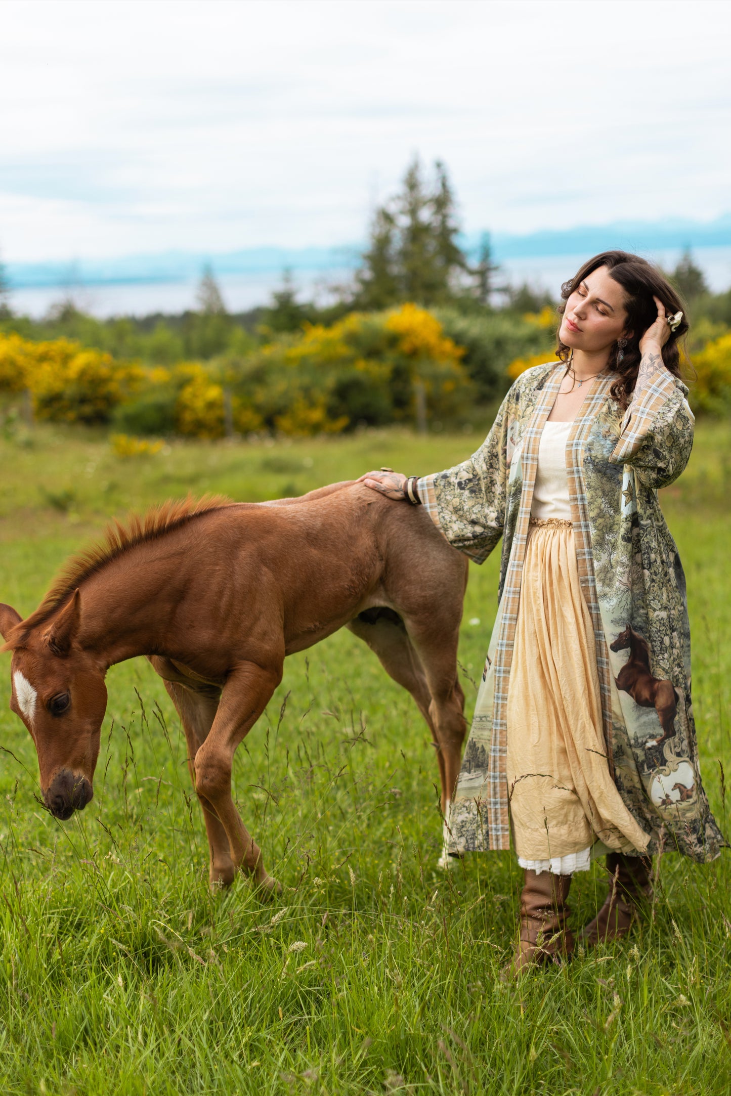 Model wearing a bamboo-viscose kimono duster robe made for everyday adventures with a whimsical print celebrating one's unbridled spirit of adventure - Market of Stars