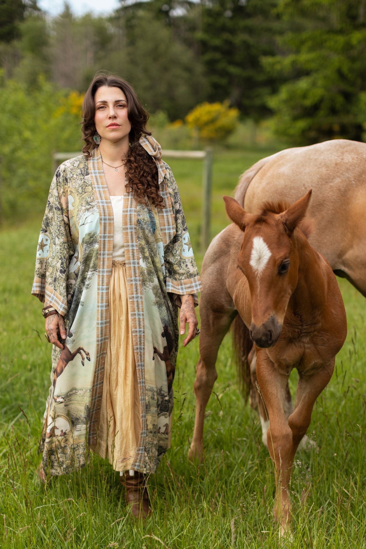Model wearing a bamboo-viscose kimono duster robe made for everyday adventures with a whimsical print celebrating one's unbridled spirit of adventure - Market of Stars