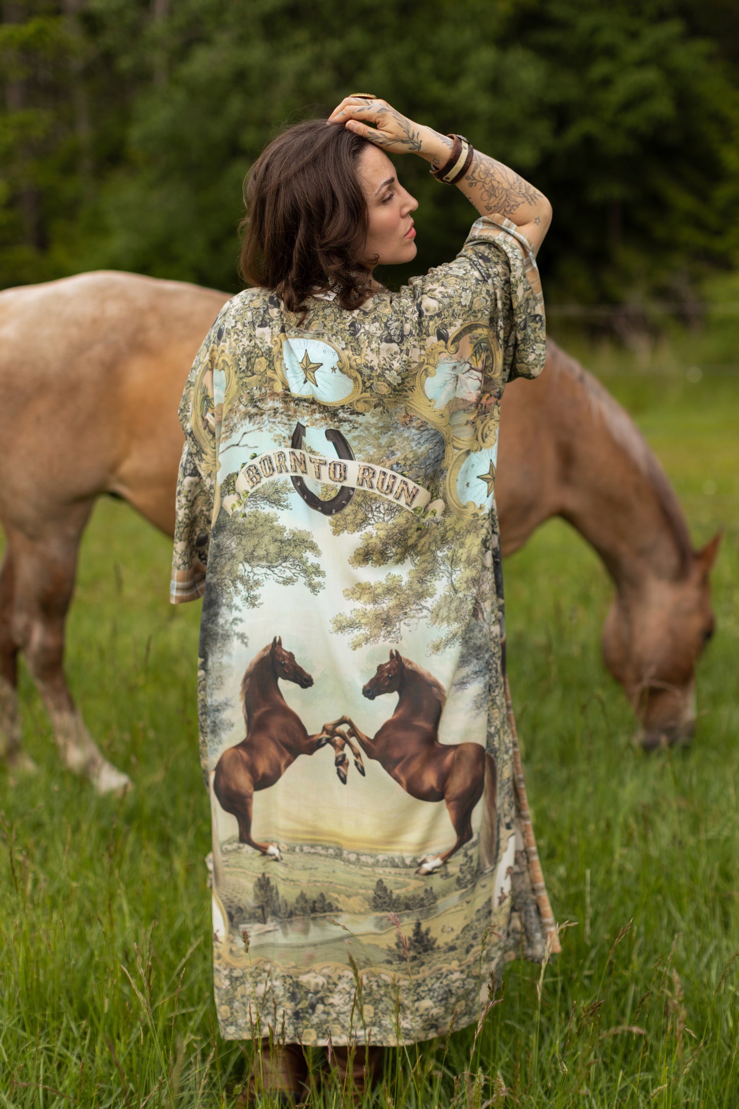 Model wearing a bamboo-viscose kimono duster robe made for everyday adventures with a whimsical print celebrating one's unbridled spirit of adventure - Market of Stars