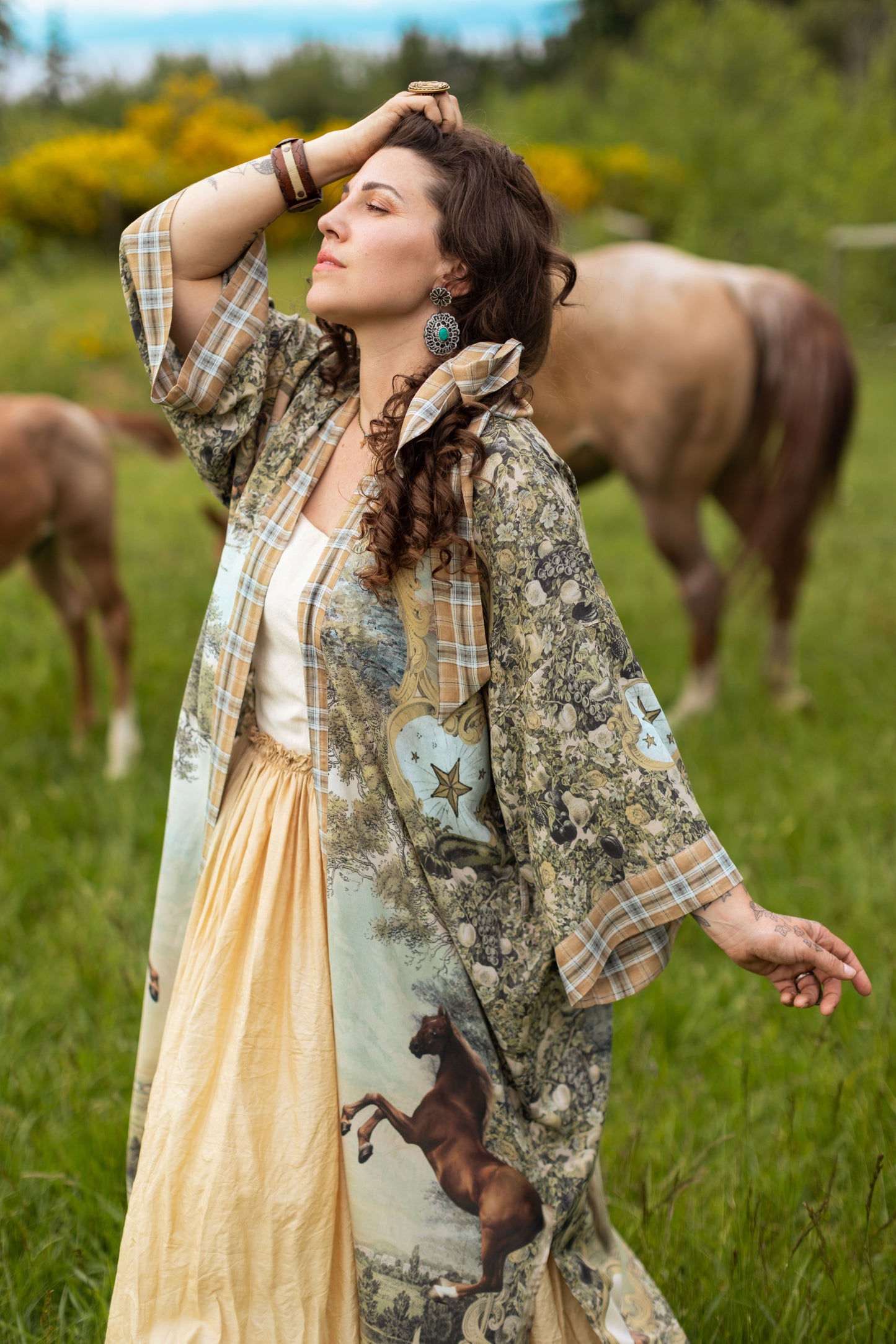 Model wearing a bamboo-viscose kimono duster robe made for everyday adventures with a whimsical print celebrating one's unbridled spirit of adventure - Market of Stars
