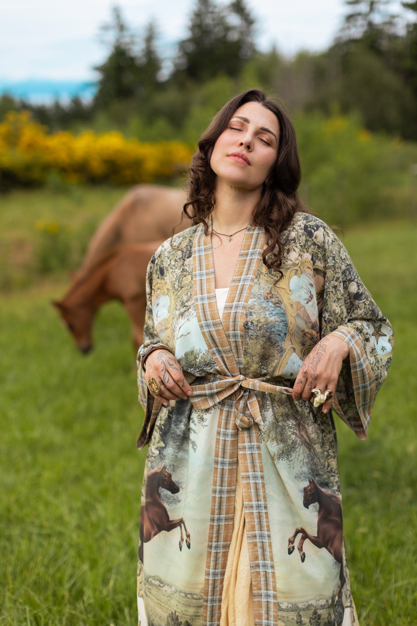 Model wearing a bamboo-viscose kimono duster robe made for everyday adventures with a whimsical print celebrating one's unbridled spirit of adventure - Market of Stars