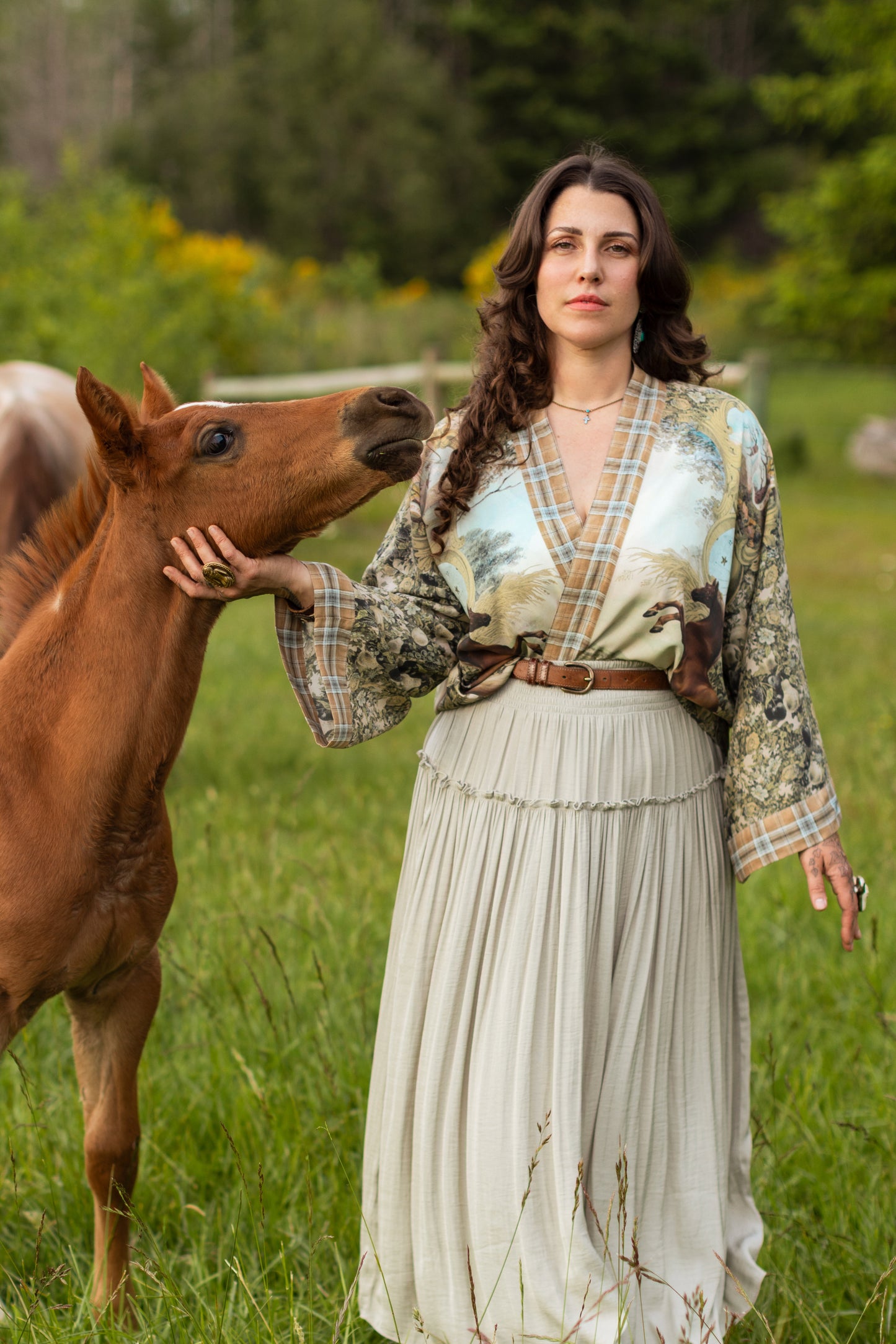 Model wearing a bamboo-viscose cropped kimono duster made for everyday adventures with a whimsical print celebrating one's unbridled spirit of adventure - Market of Stars