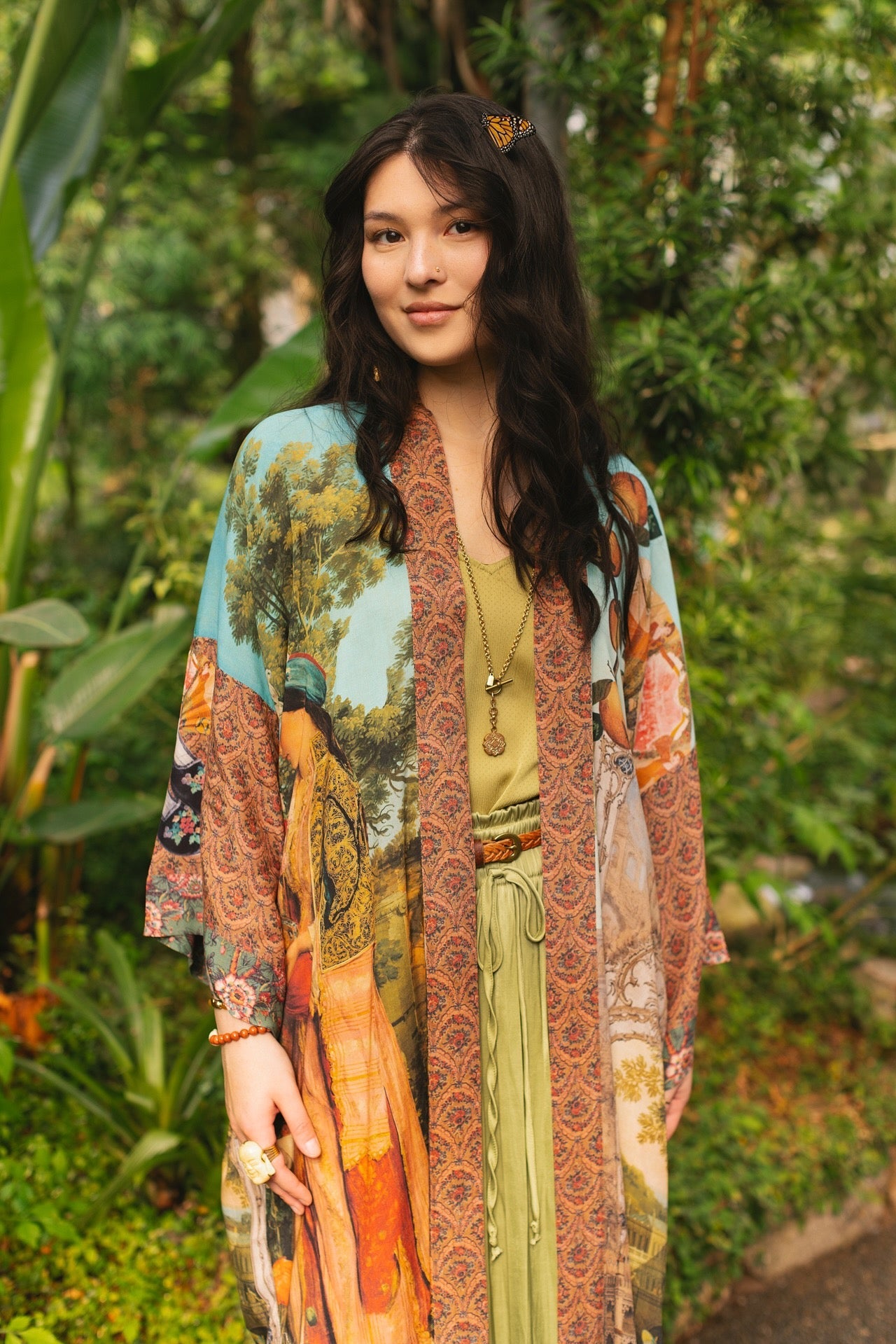 Model wearing Peace, Wine & Sunshine Bohéme Slip Dress featuring botanical collages and playful peace, wine and sunshine lettering on the hem – Market of Stars.