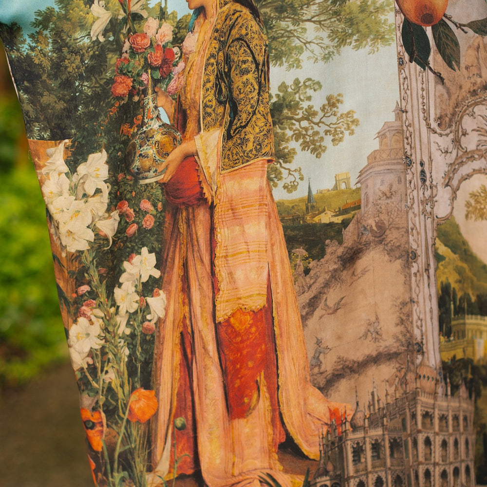 
                  
                    Model wearing Peace, Wine & Sunshine Bohéme Slip Dress featuring botanical collages and playful peace, wine and sunshine lettering on the hem – Market of Stars.
                  
                