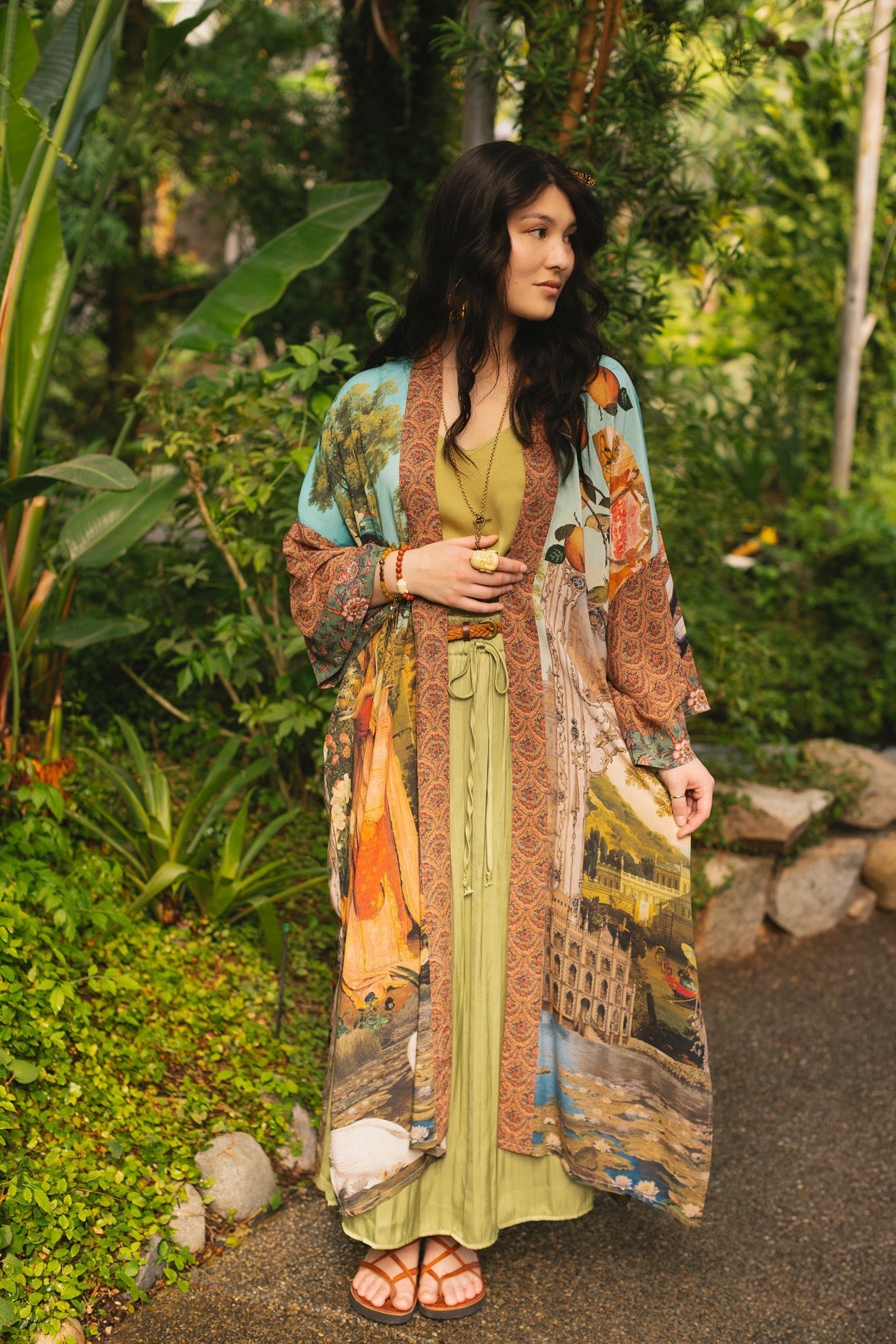 Model wearing Peace, Wine & Sunshine Bohéme Slip Dress featuring botanical collages and playful peace, wine and sunshine lettering on the hem – Market of Stars.