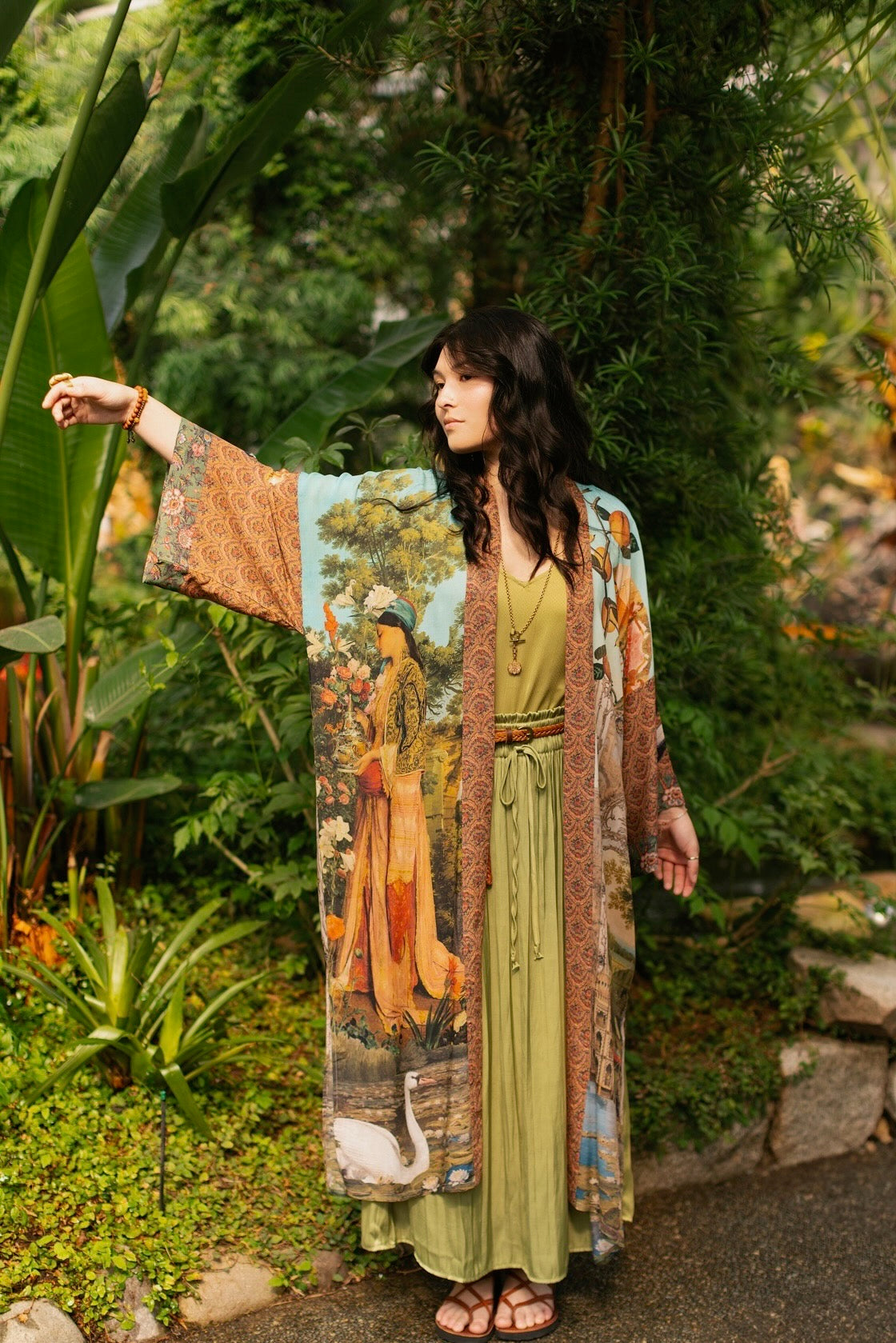 Model wearing Peace, Wine & Sunshine Bohéme Slip Dress featuring botanical collages and playful peace, wine and sunshine lettering on the hem – Market of Stars.