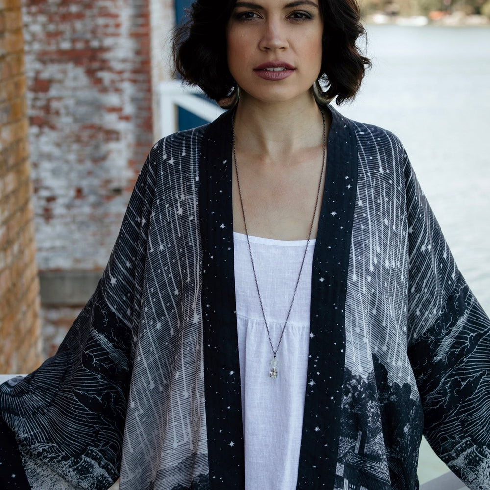 
                  
                    Model wearing our Stargazer cropped kimono featuring an antique engraving of a meteor shower and moonlit astronomy imagery – Market of Stars
                  
                