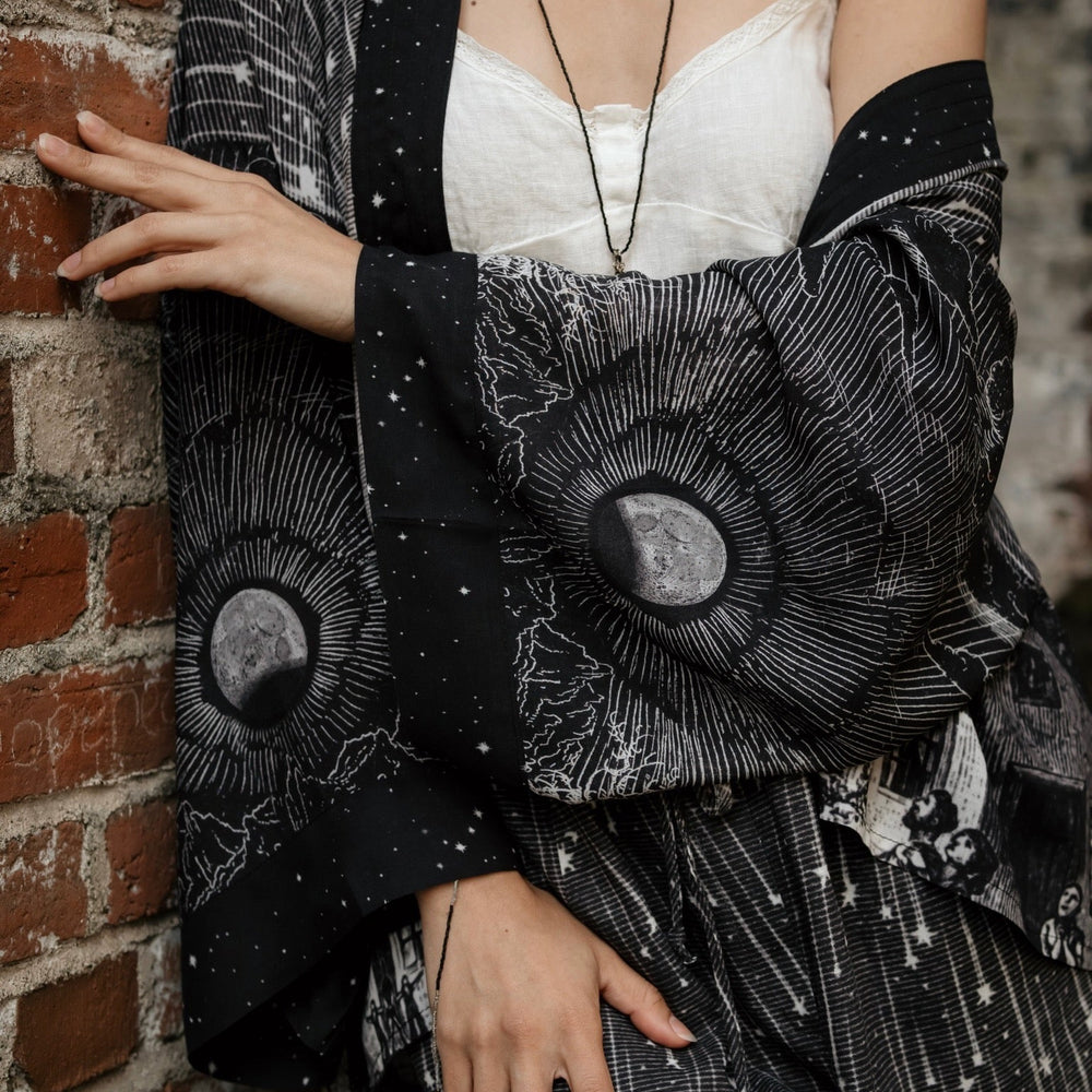 
                  
                    Model wearing our Stargazer cropped kimono featuring an antique engraving of a meteor shower and moonlit astronomy imagery – Market of Stars
                  
                