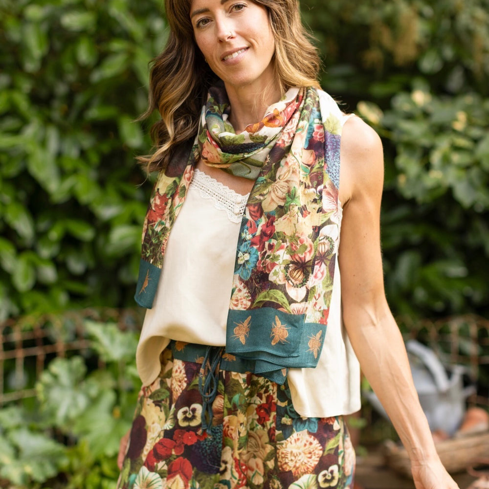 
                  
                    Stay Gold Scarf with collaged wildflowers and golden tones inspired by vintage lithographs – Market of Stars
                  
                
