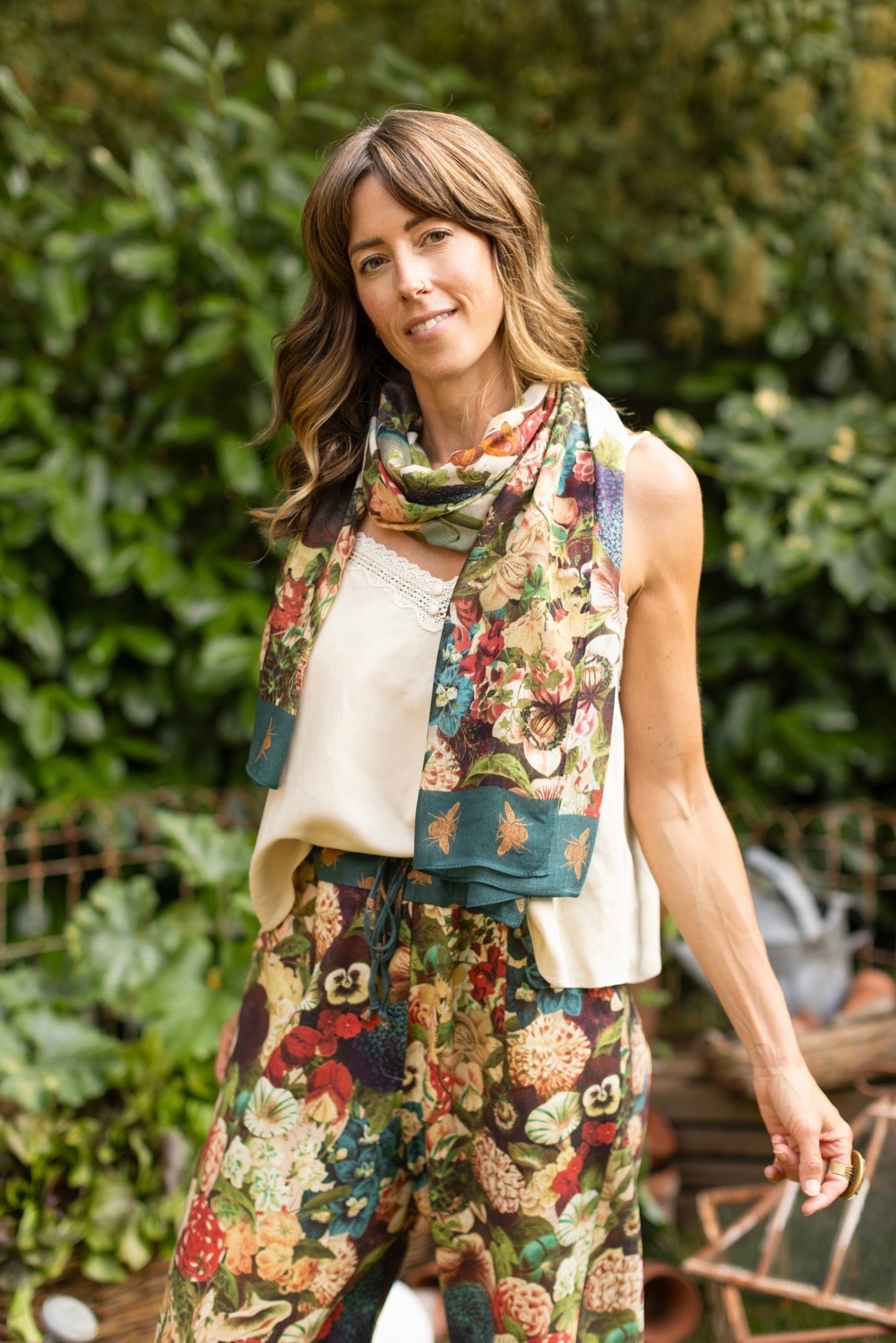Stay Gold Scarf with collaged wildflowers and golden tones inspired by vintage lithographs – Market of Stars