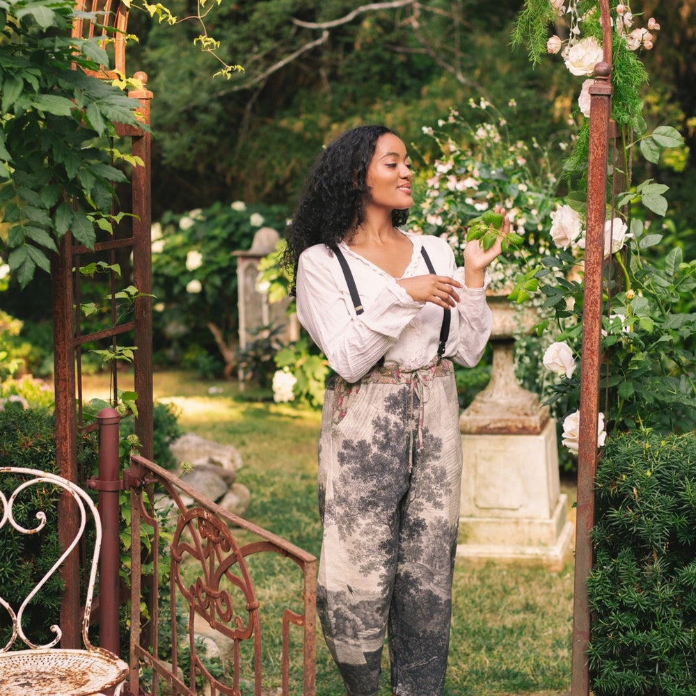 
                  
                    Linen Still I Rise Artist Pants with lantern hem, featuring antique landscape etchings in a rich, layered print celebrating resilience – Market of Stars
                  
                