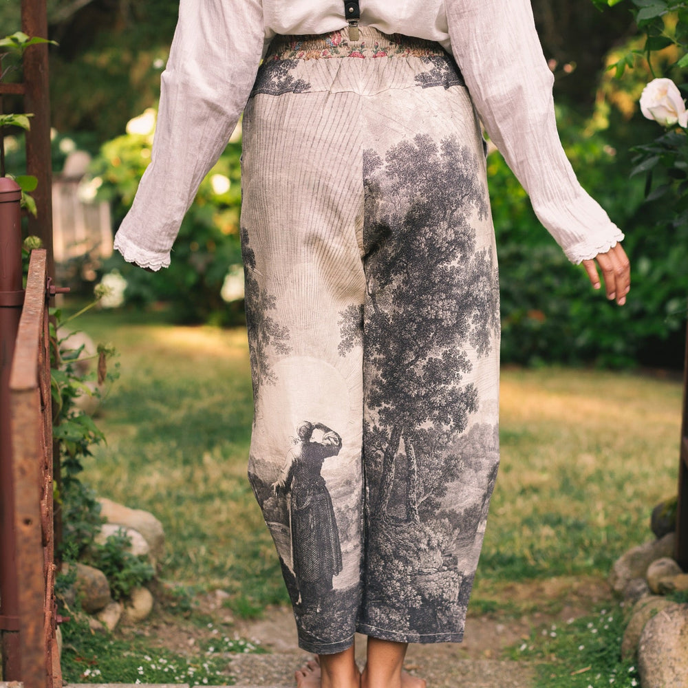 
                  
                    Linen Still I Rise Artist Pants with lantern hem, featuring antique landscape etchings in a rich, layered print celebrating resilience – Market of Stars
                  
                