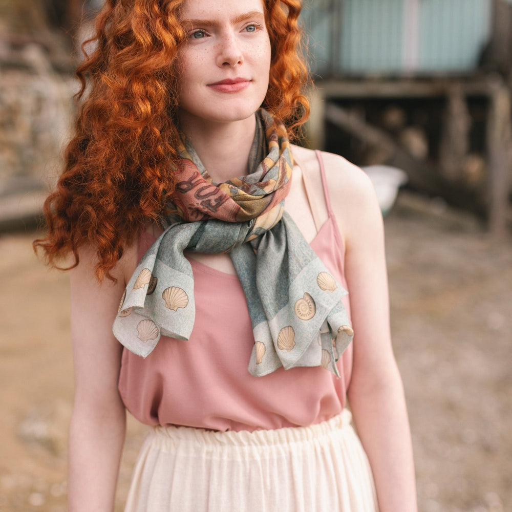Lightweight scarf featuring a dreamy sunrise landscape and nautical artwork with the words "All aboard for Sunrise Lands" – Market of Stars