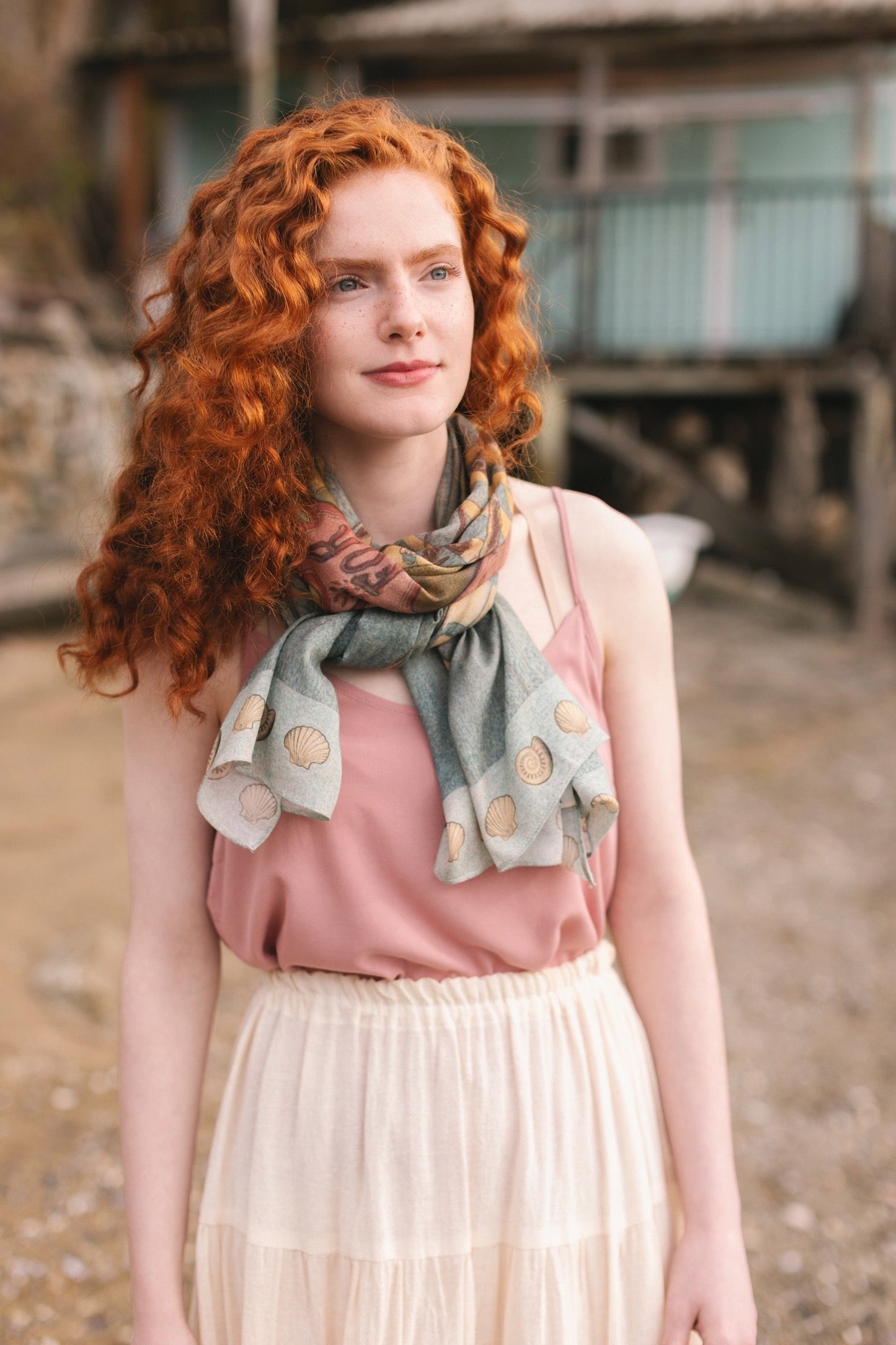 Lightweight scarf featuring a dreamy sunrise landscape and nautical artwork with the words "All aboard for Sunrise Lands" – Market of Stars