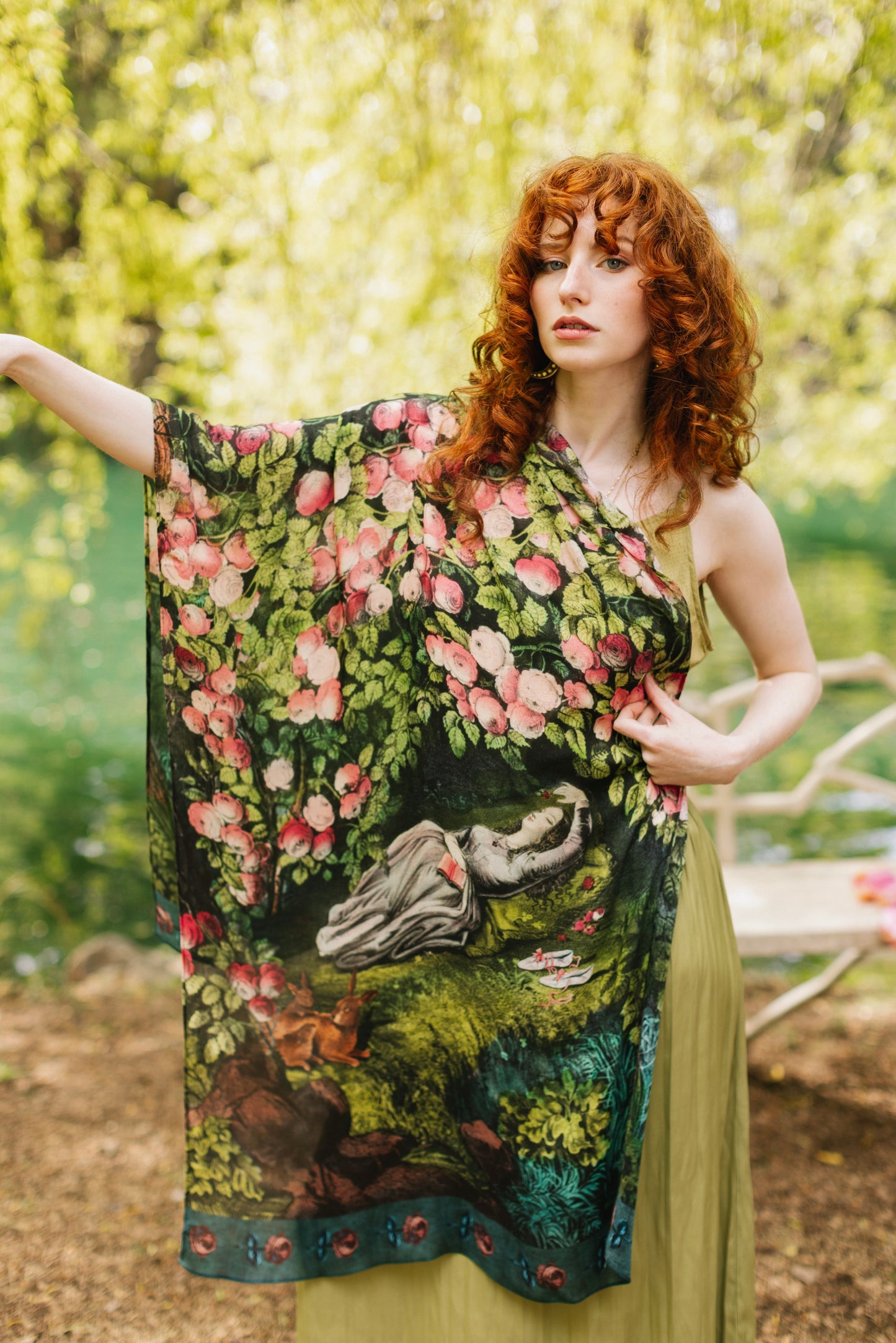 Model wearing a bamboo-viscose scarf ft. hand-coloured etching from the 1880s called The Bower of Roses - Market of Stars